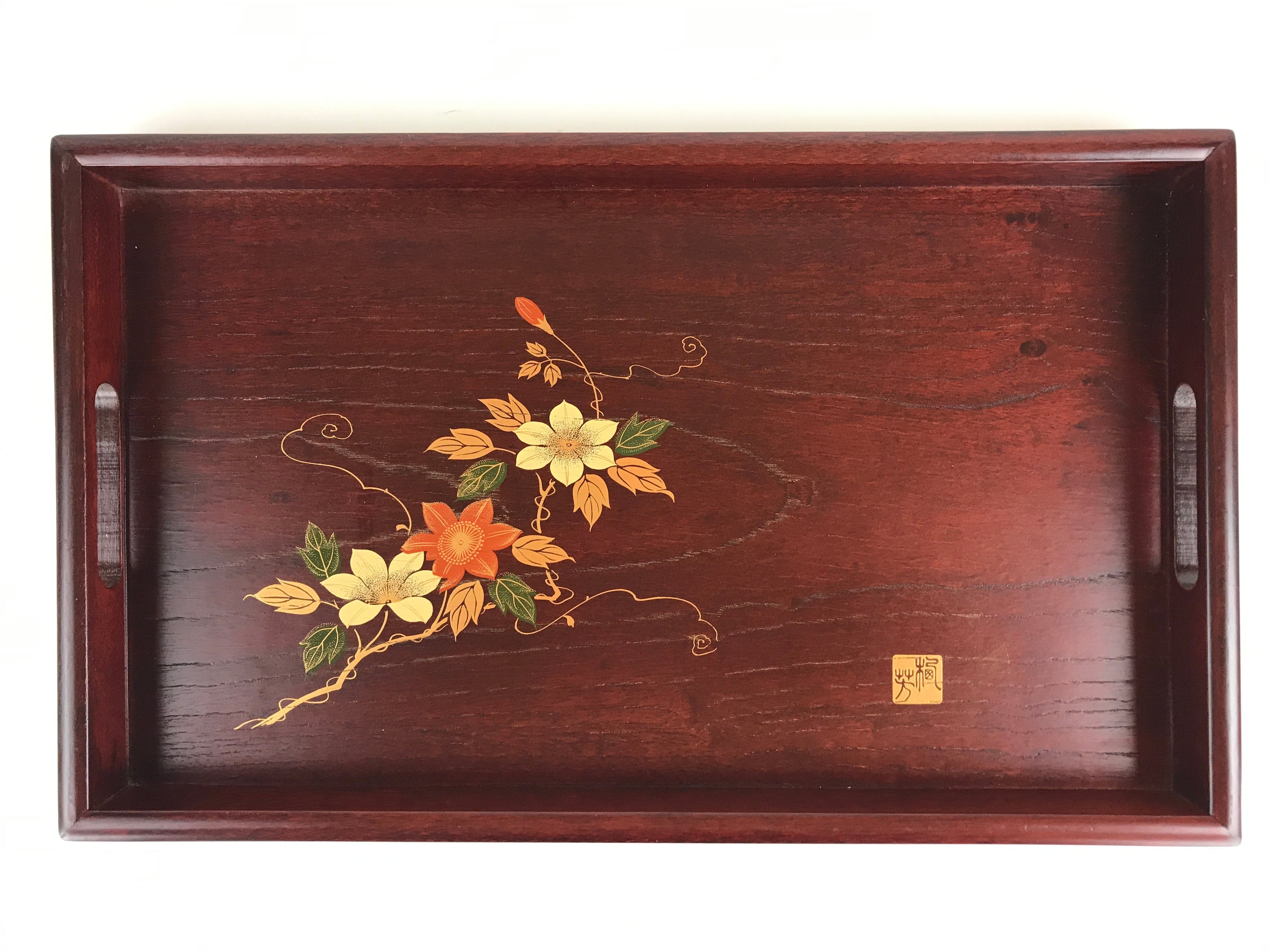 Japanese Wooden Serving Tray Vtg Obon Dark Brown Gold Maki-e Flowers UR858