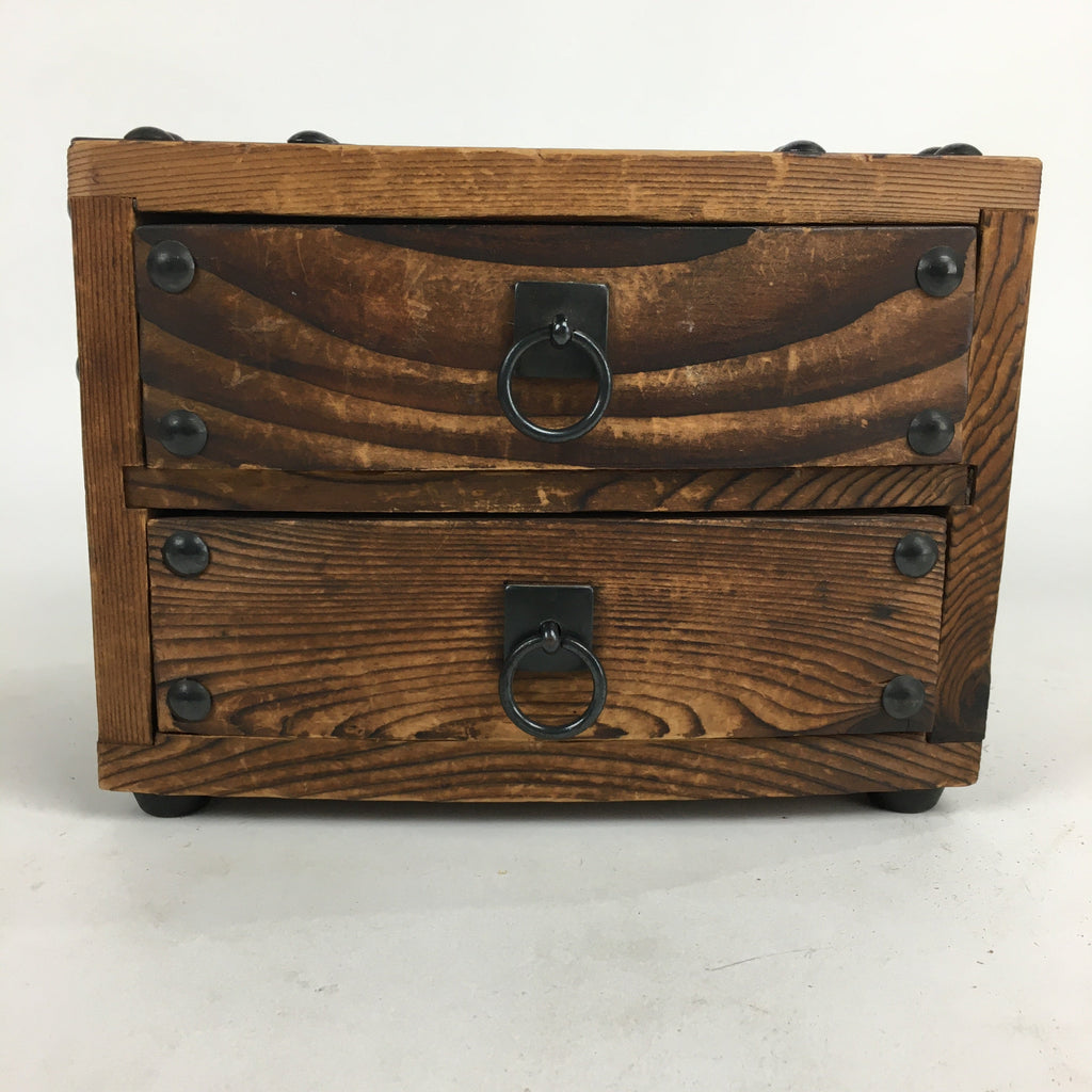 Japanese Wooden Sewing Box Vtg Haribako Chest Tansu 2 Drawers Brown T278