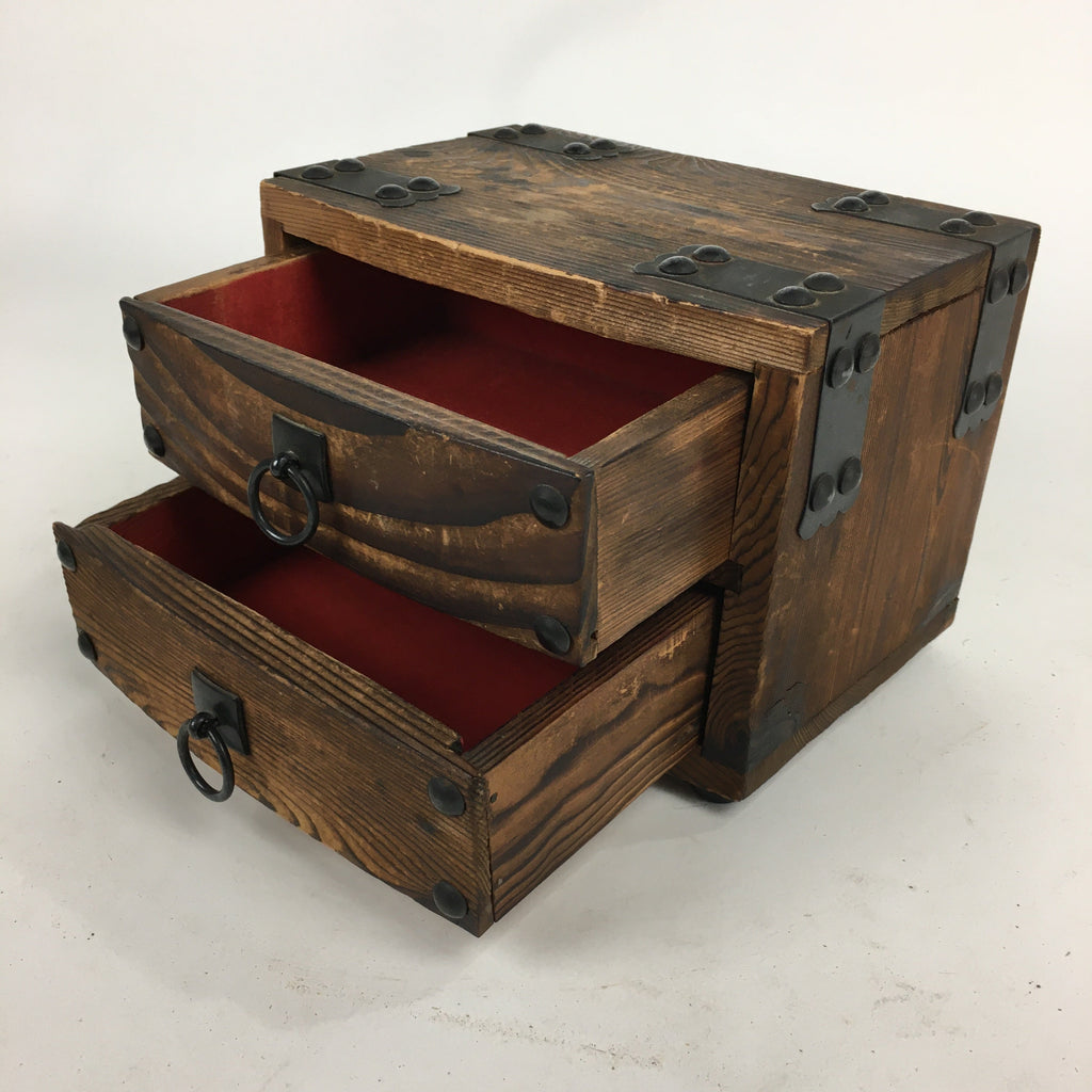 Japanese Wooden Sewing Box Vtg Haribako Chest Tansu 2 Drawers Brown T278