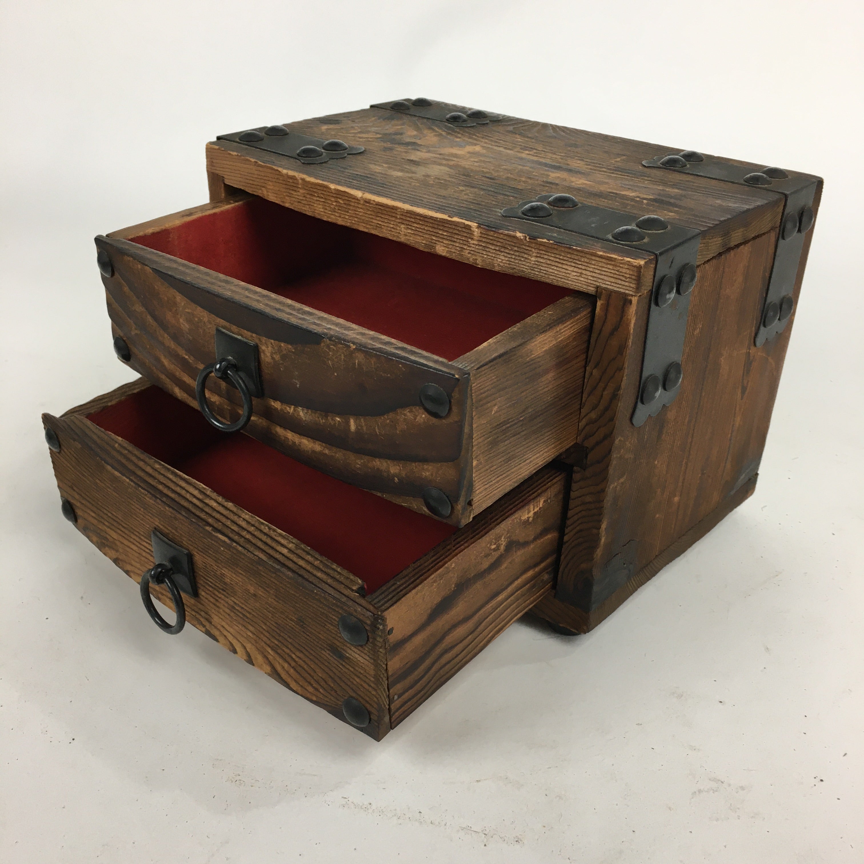 Japanese Wooden Sewing Box Vtg Haribako Chest Tansu 2 Drawers Brown T278
