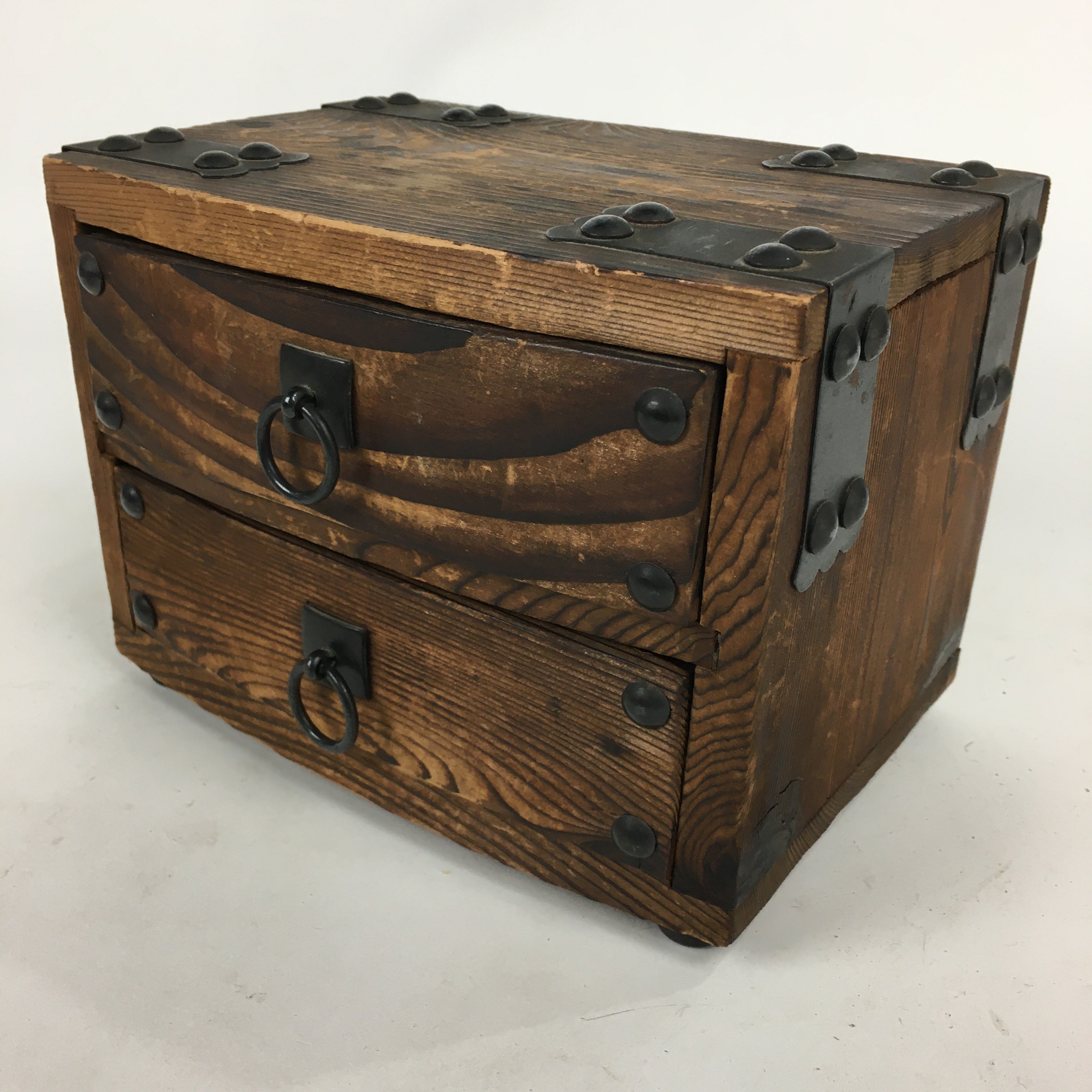 Japanese Wooden Sewing Box Vtg Haribako Chest Tansu 2 Drawers Brown T278