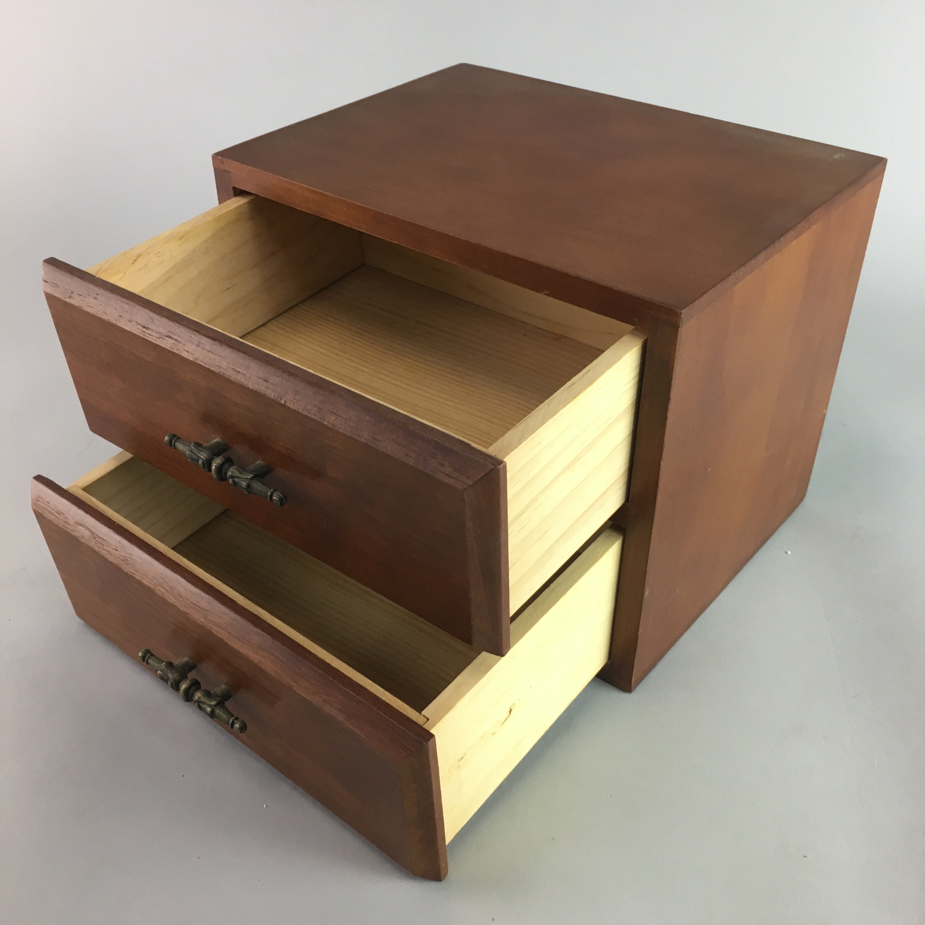 Japanese Wooden Sewing Box Vtg Haribako Chest Tansu 2 Drawers Grain T162