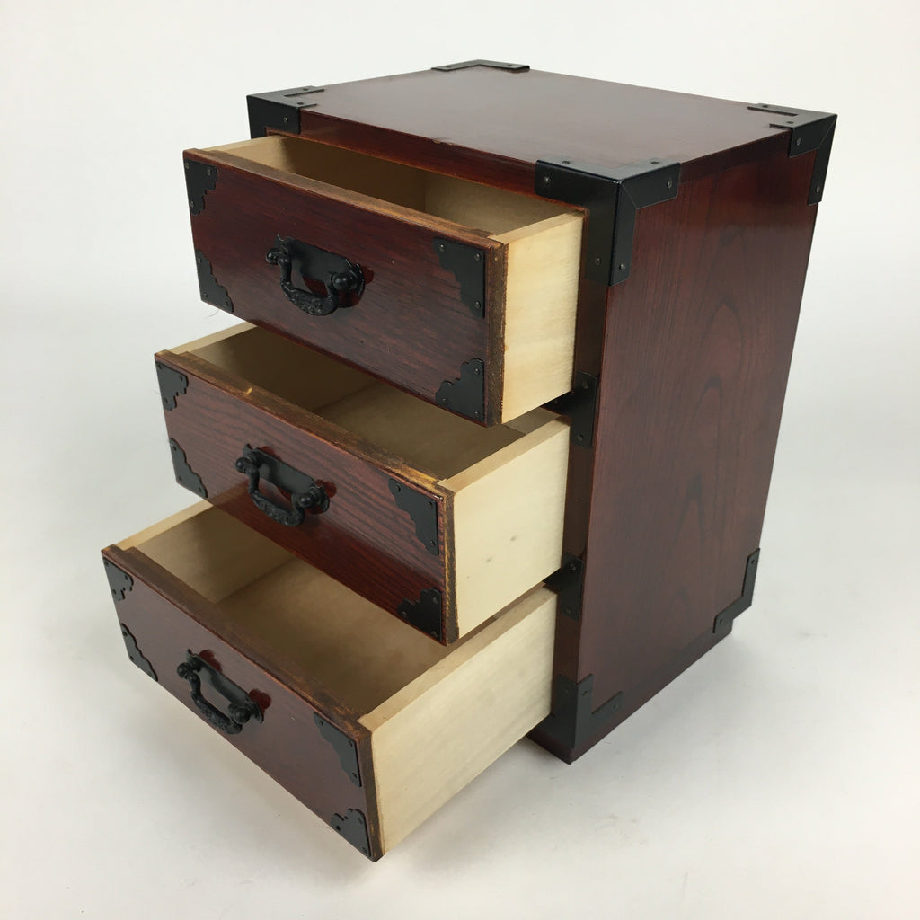 Japanese Wooden Sewing Box Vtg Haribako Chest Tansu 3 Drawers Brown T279
