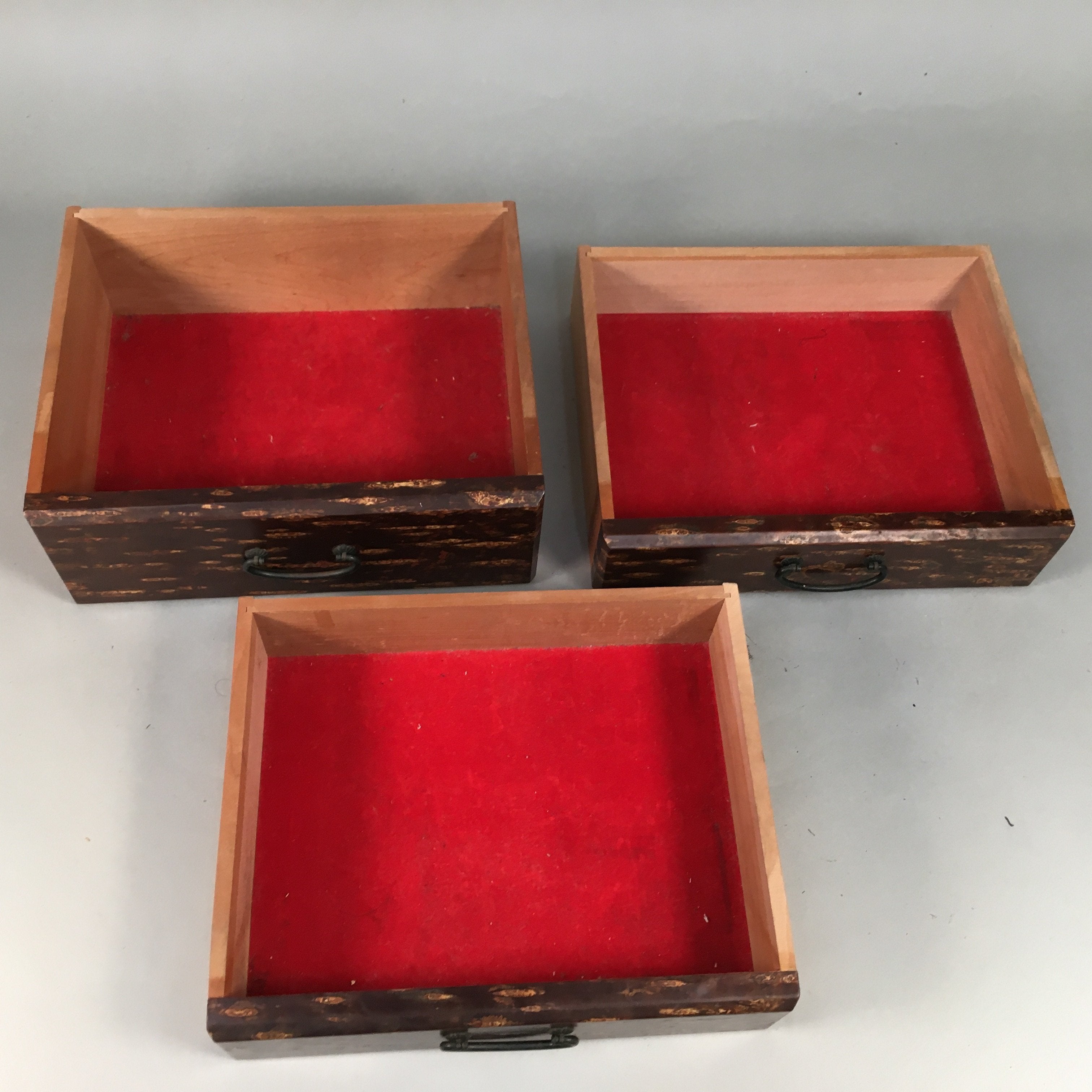 Japanese Wooden Sewing Box Vtg Haribako Chest Tansu 3 Drawers Cherry Bark T229