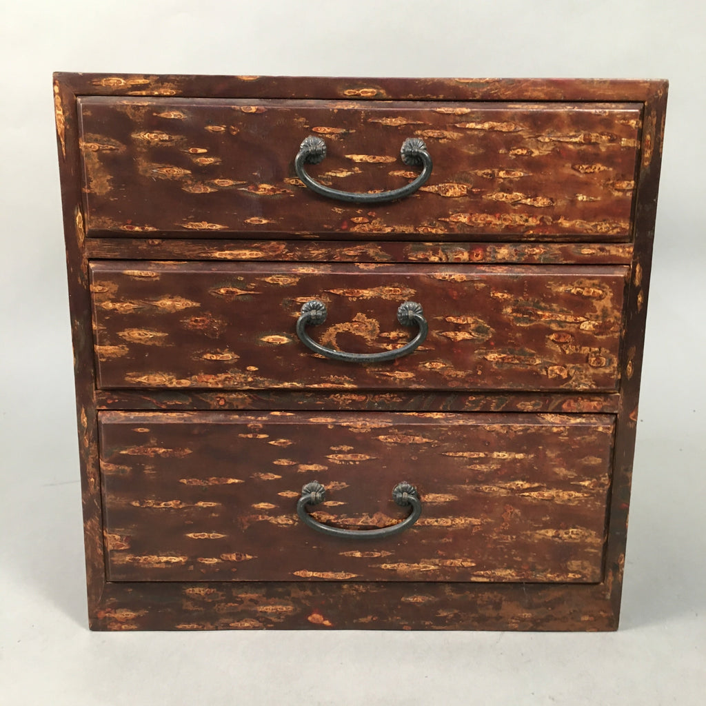 Japanese Wooden Sewing Box Vtg Haribako Chest Tansu 3 Drawers Cherry Bark T229