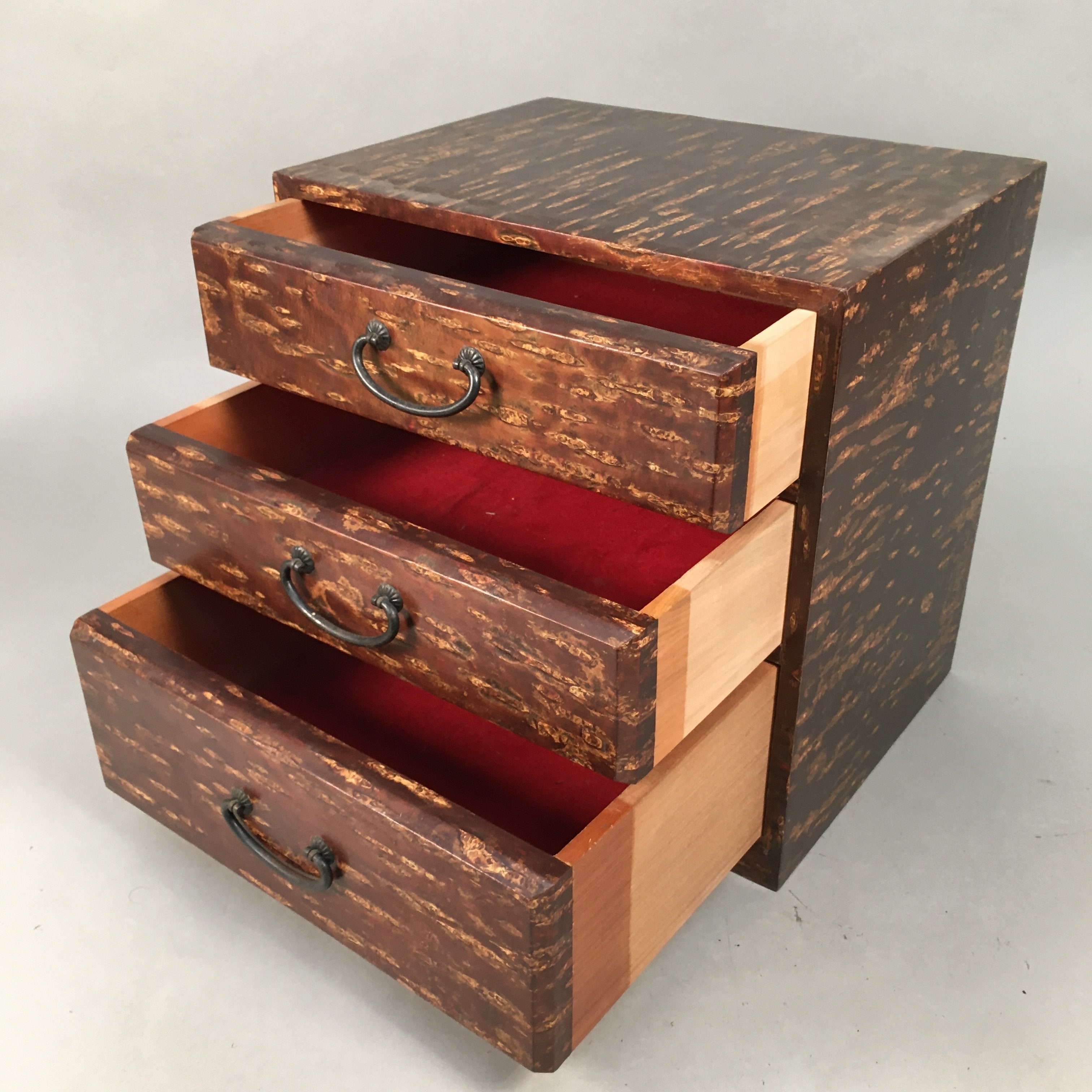 Japanese Wooden Sewing Box Vtg Haribako Chest Tansu 3 Drawers Cherry Bark T229