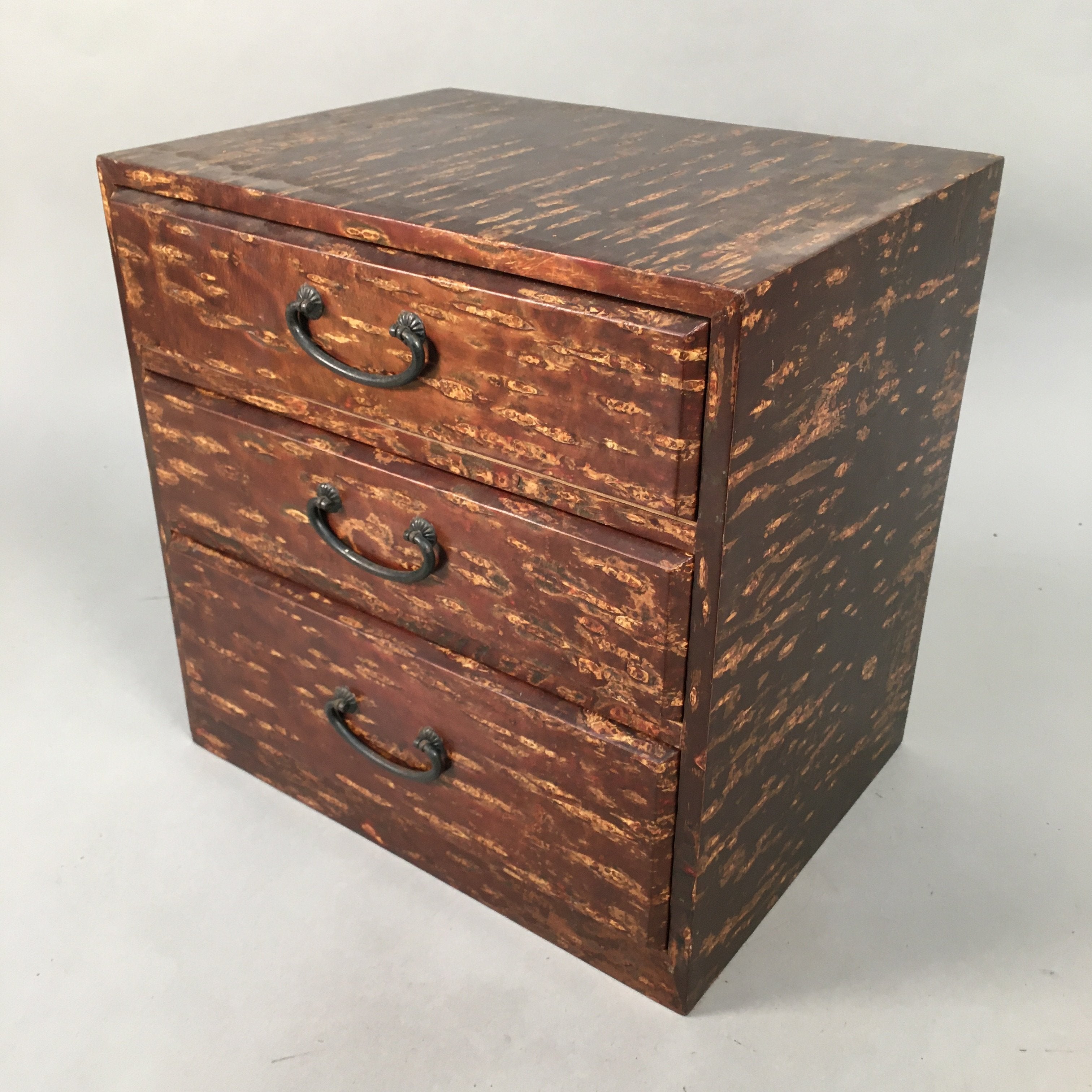 Japanese Wooden Sewing Box Vtg Haribako Chest Tansu 3 Drawers Cherry Bark T229