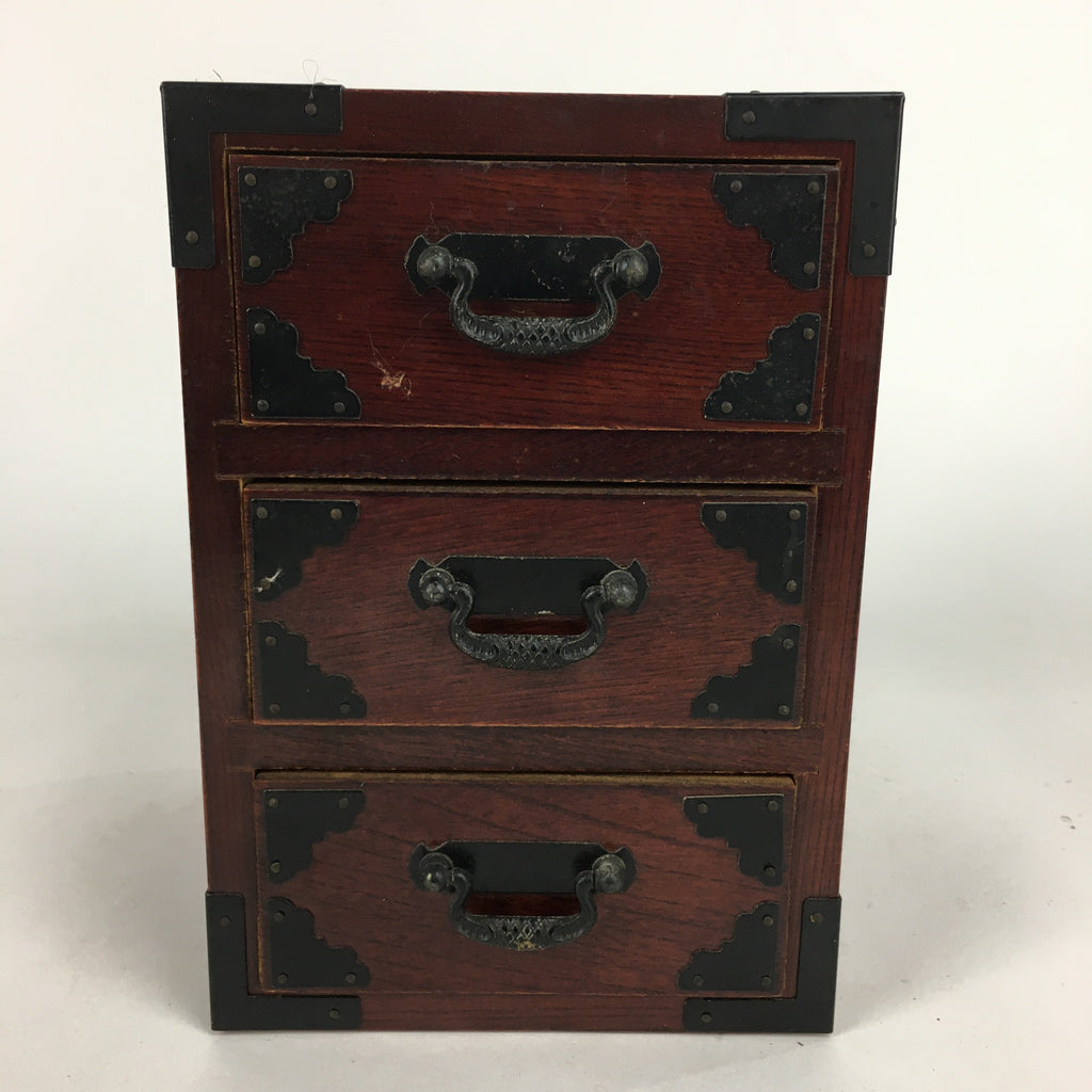 Japanese Wooden Sewing Box Vtg Haribako Chest Tansu 3 Drawers T252