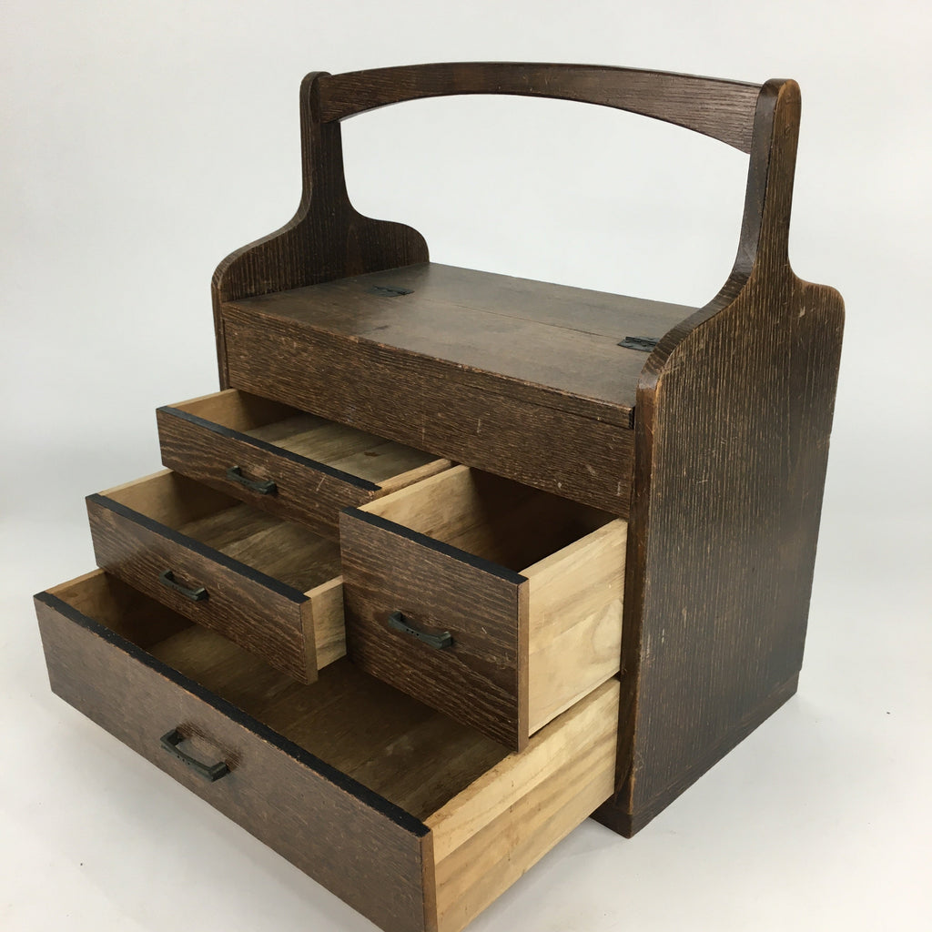 Japanese Wooden Sewing Box Vtg Haribako Chest Tansu 4 Drawers Brown T276