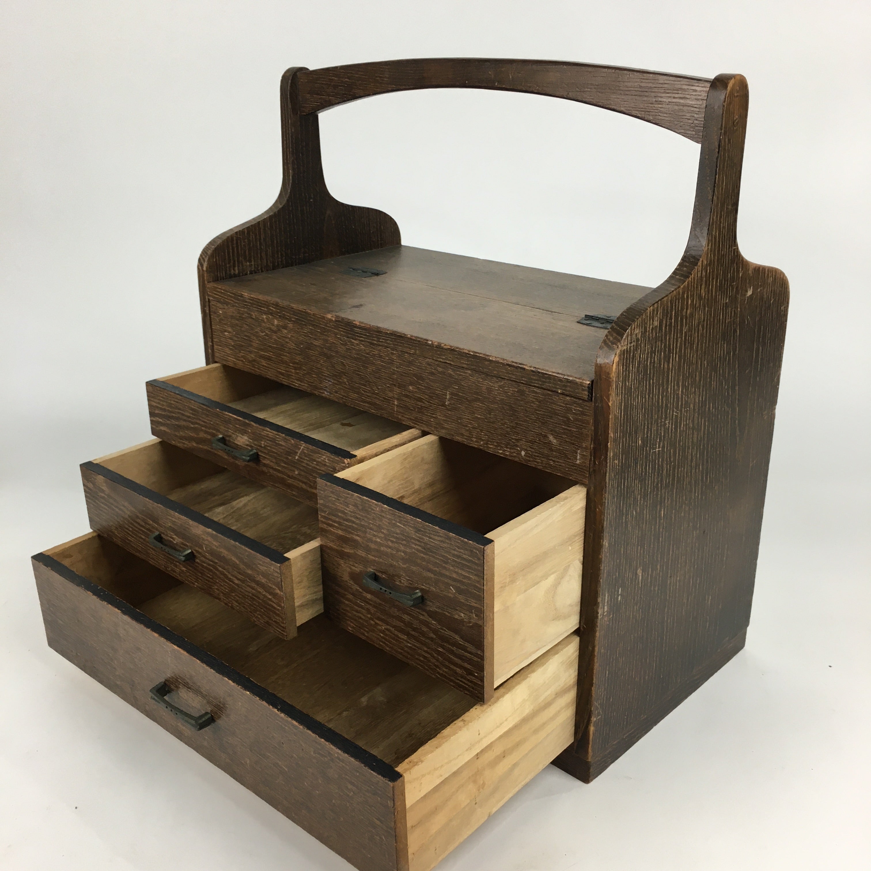 Japanese Wooden Sewing Box Vtg Haribako Chest Tansu 4 Drawers Brown T276