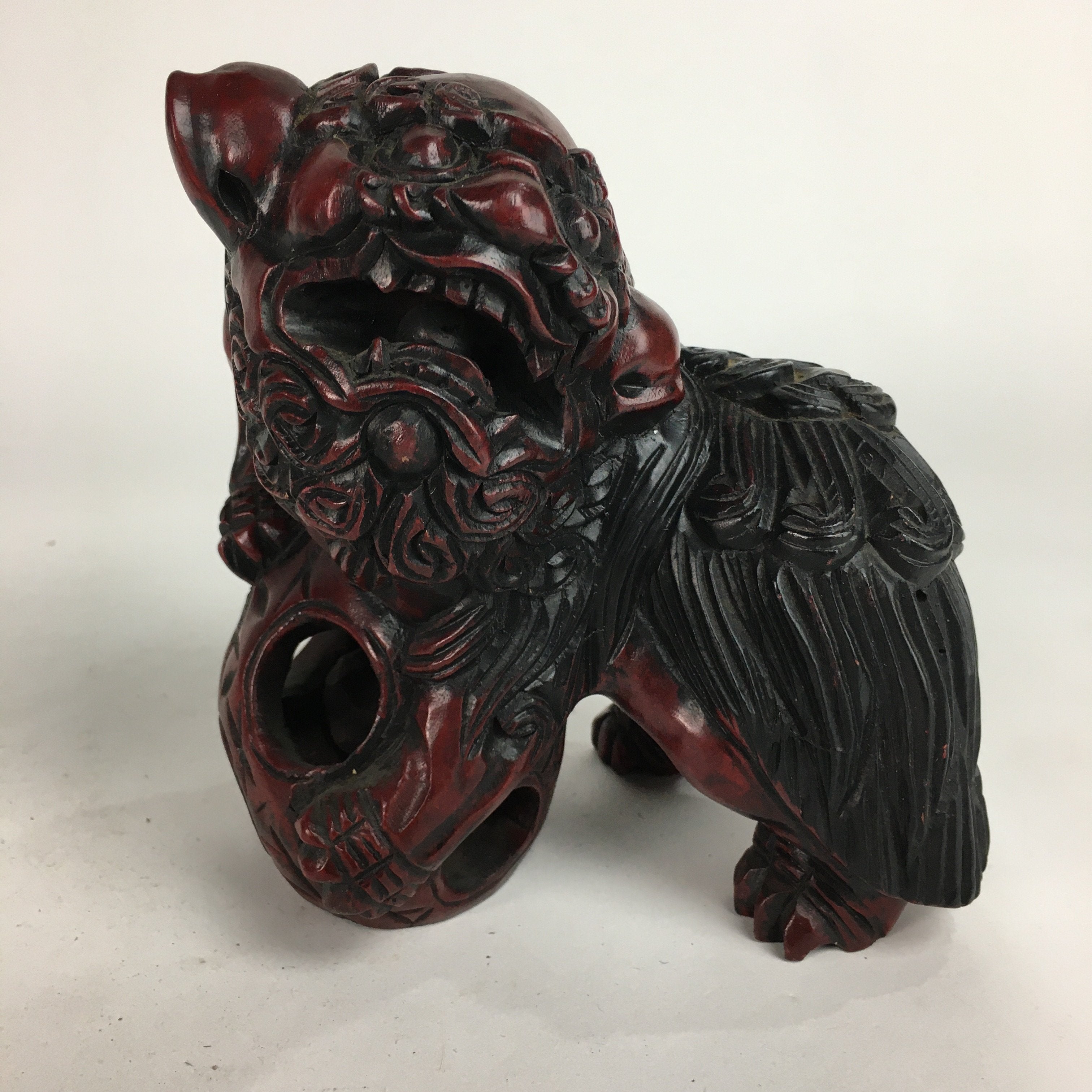 Japanese Wooden Shishi Lion 2pc Set Foo Dog Figurine Statue Okimono BD644