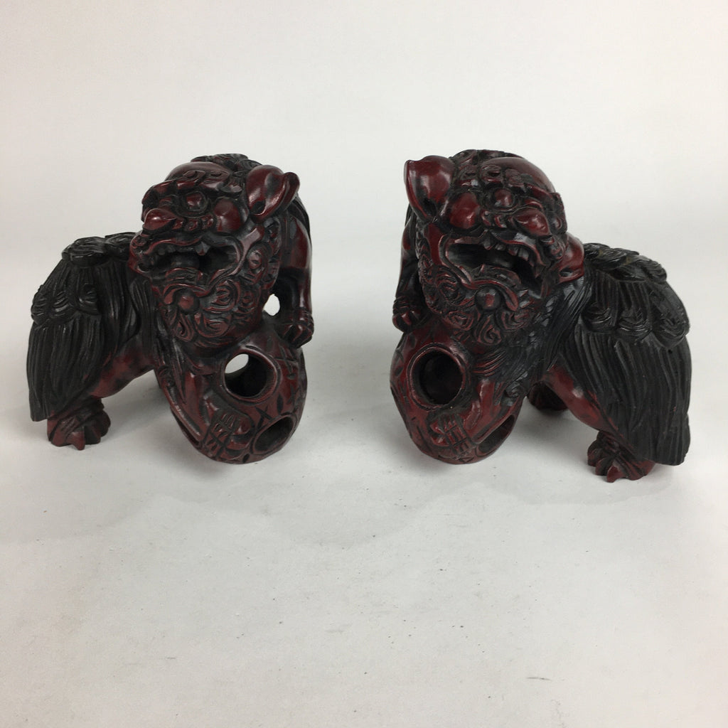 Japanese Wooden Shishi Lion 2pc Set Foo Dog Figurine Statue Okimono BD644