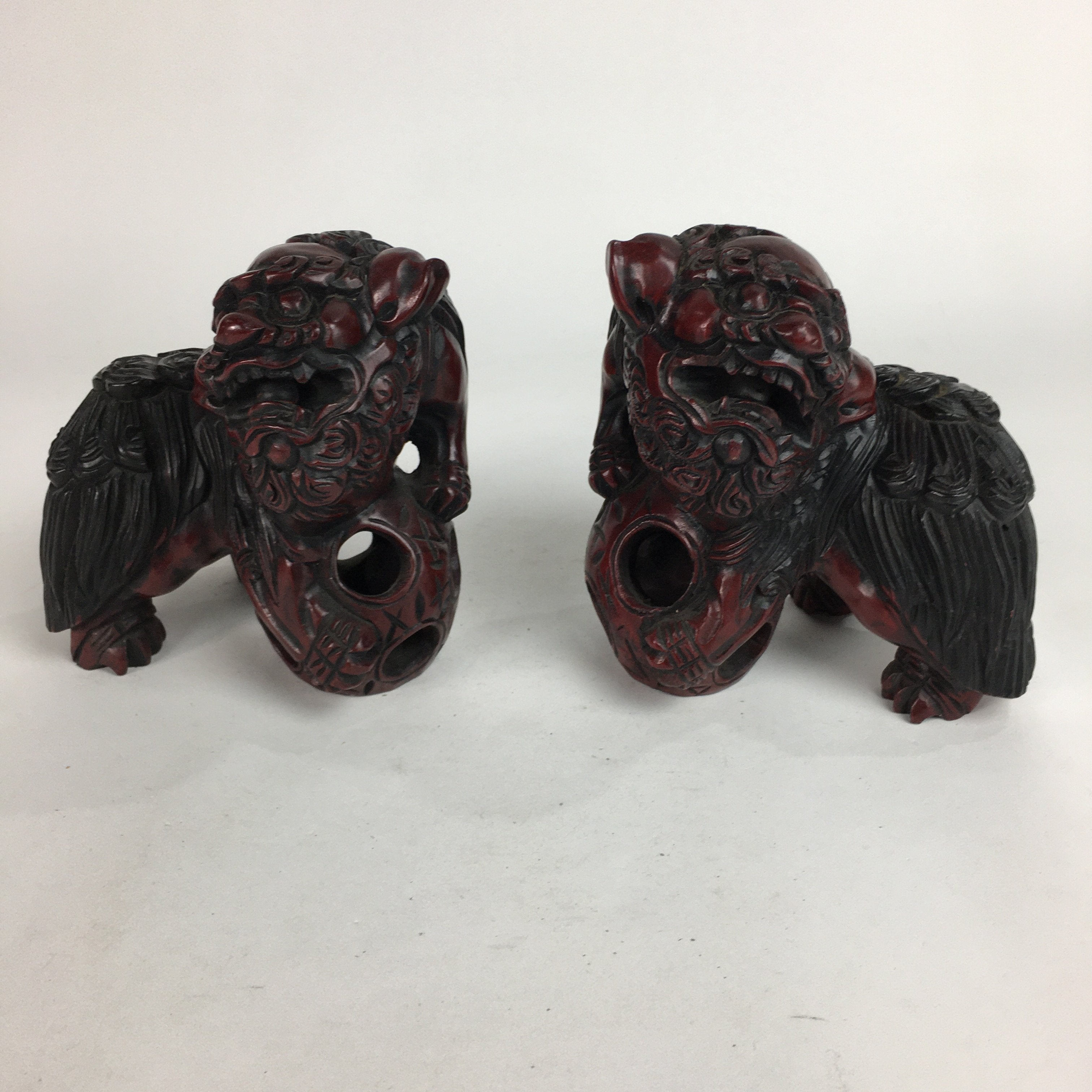 Japanese Wooden Shishi Lion 2pc Set Foo Dog Figurine Statue Okimono BD644