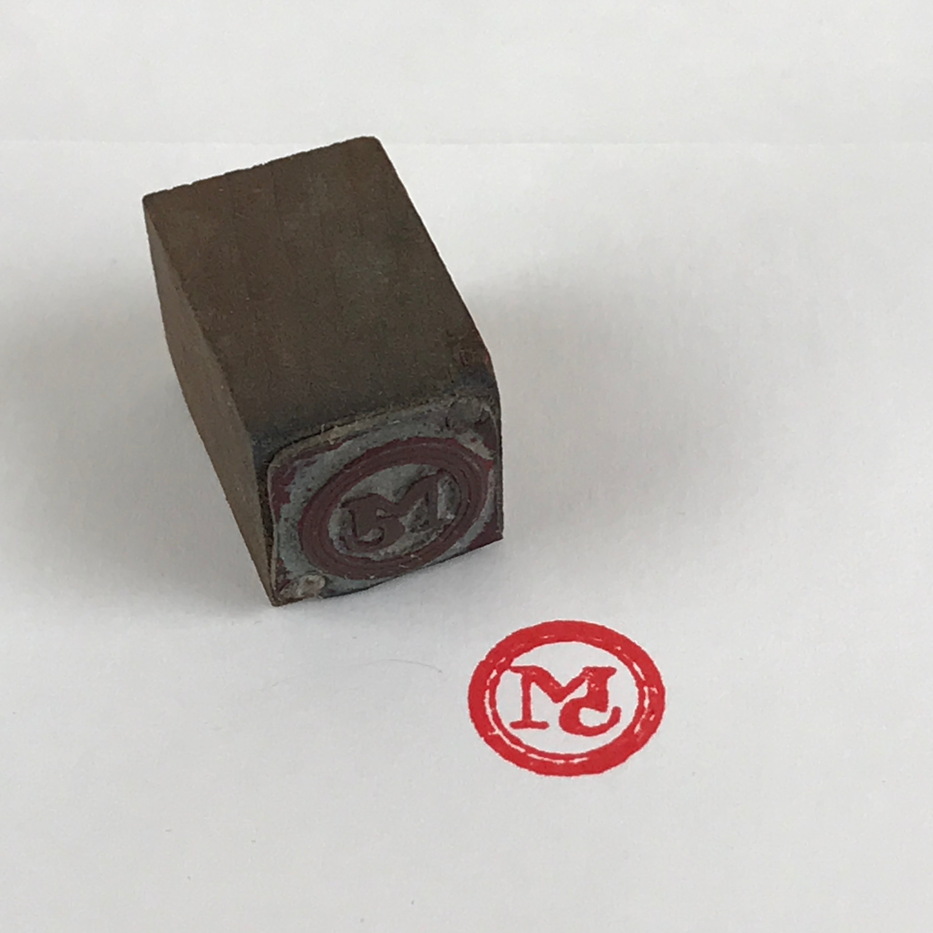 Japanese Wooden Stamp Hanko Inkan Vtg Metal Seal Initial Company Logo Mc HS133