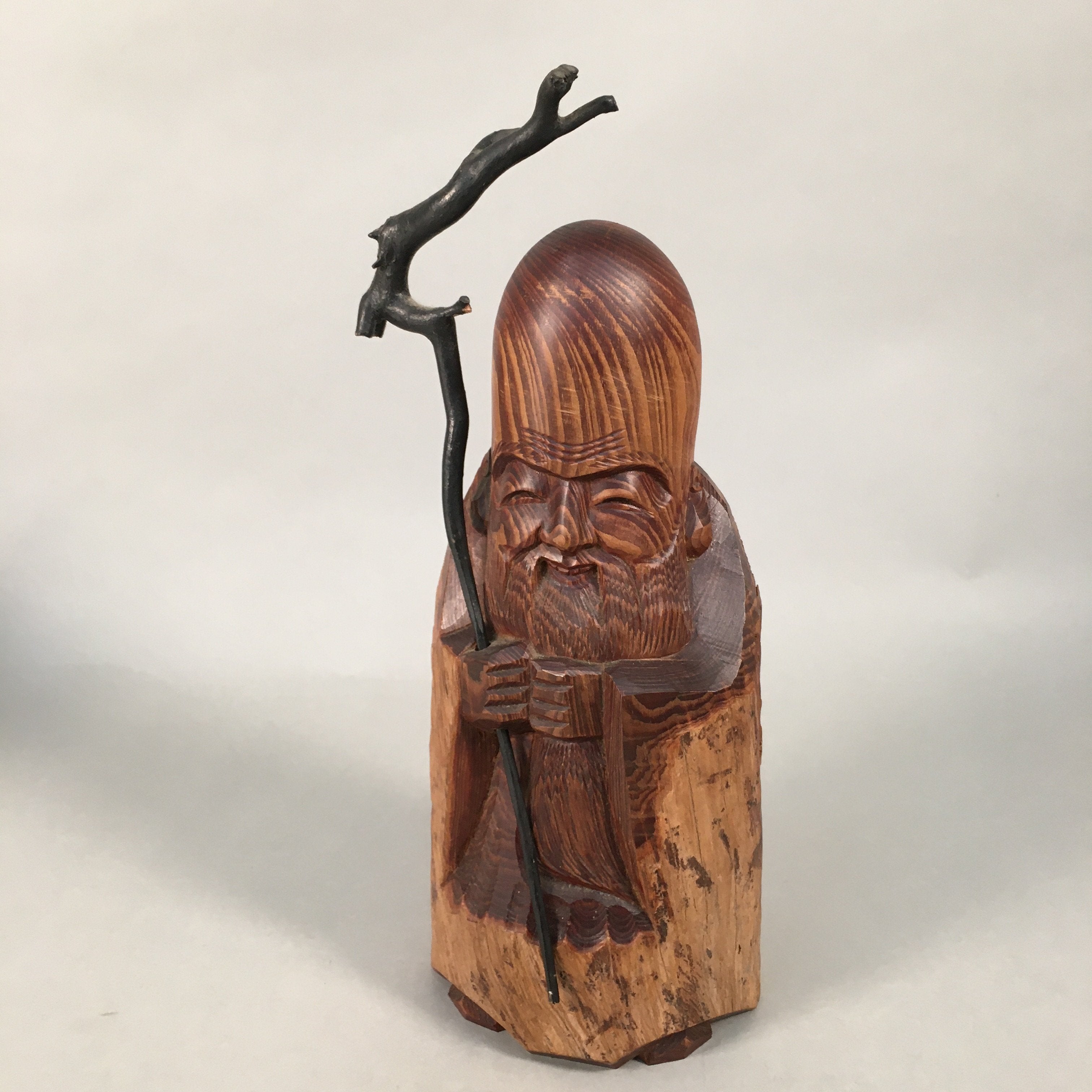 Japanese Wooden Statue Fukurokuju Vtg 7 Gods Good Fortune Brown BD615