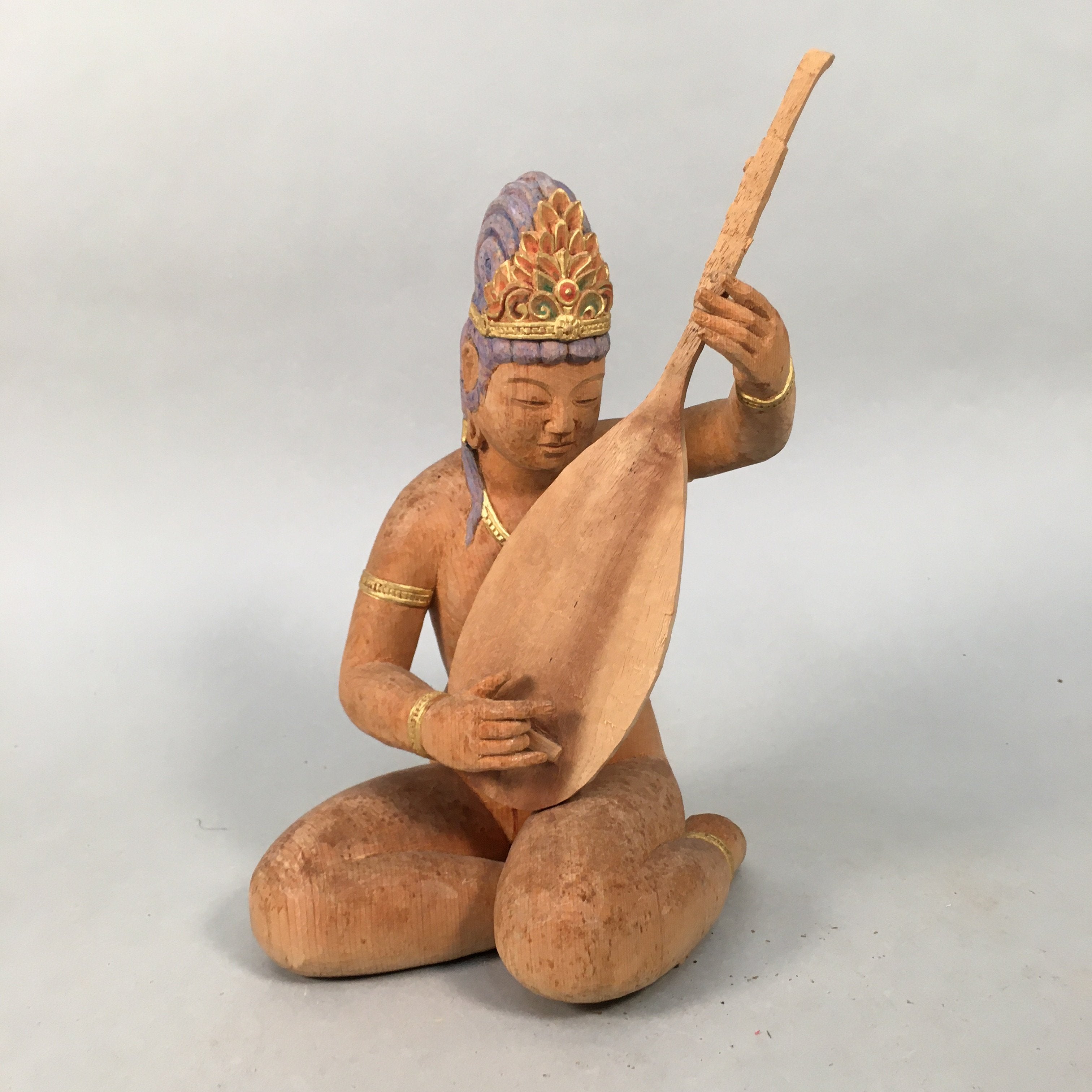 Japanese Wooden Statue Hindu Goddes Vtg Saraswati Benzaiten Lucky God BD600