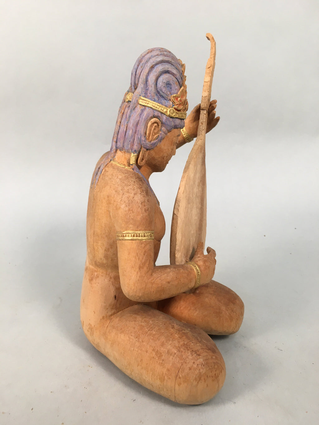 Japanese Wooden Statue Hindu Goddes Vtg Saraswati Benzaiten Lucky God BD600