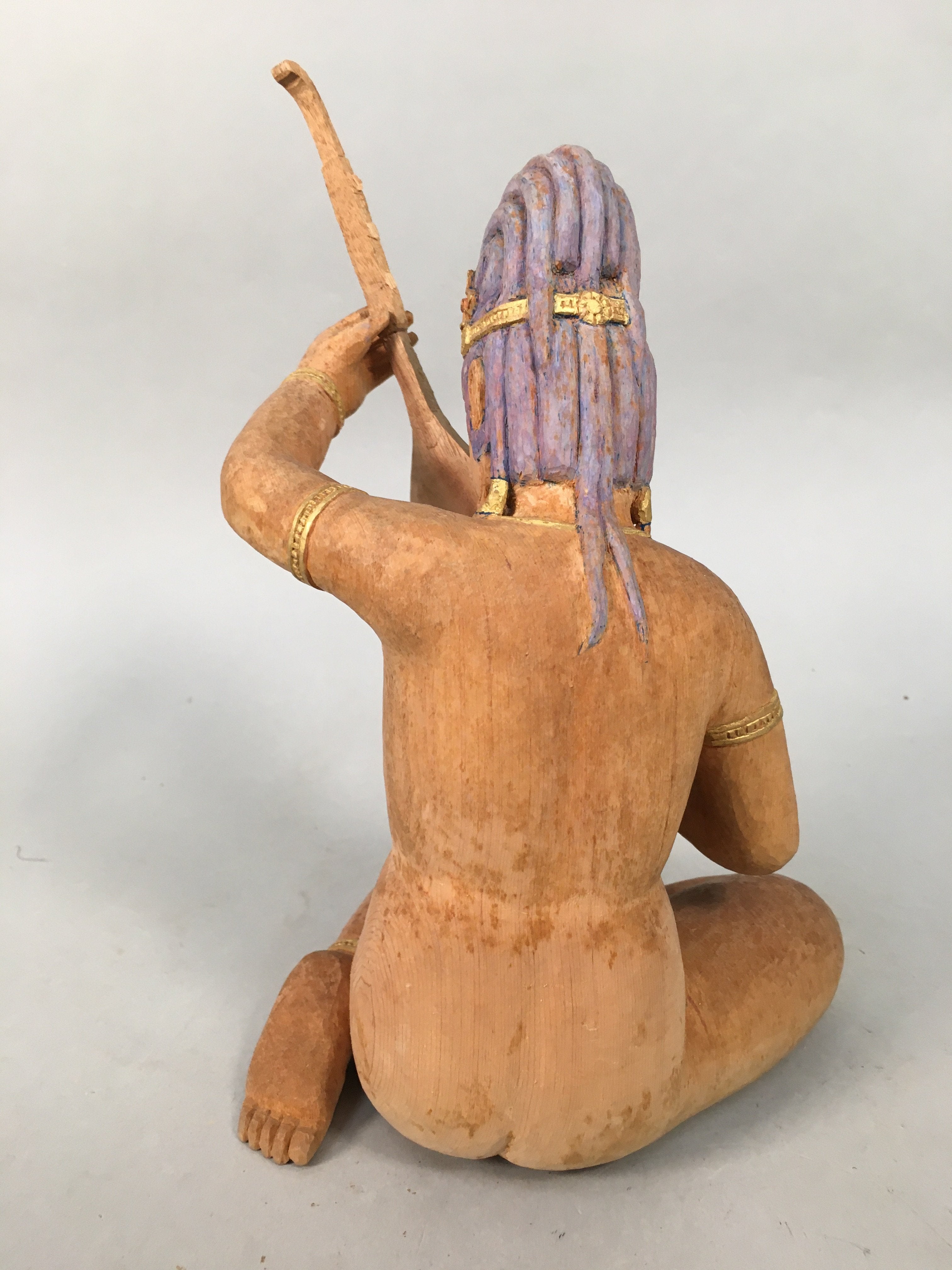 Japanese Wooden Statue Hindu Goddes Vtg Saraswati Benzaiten Lucky God BD600