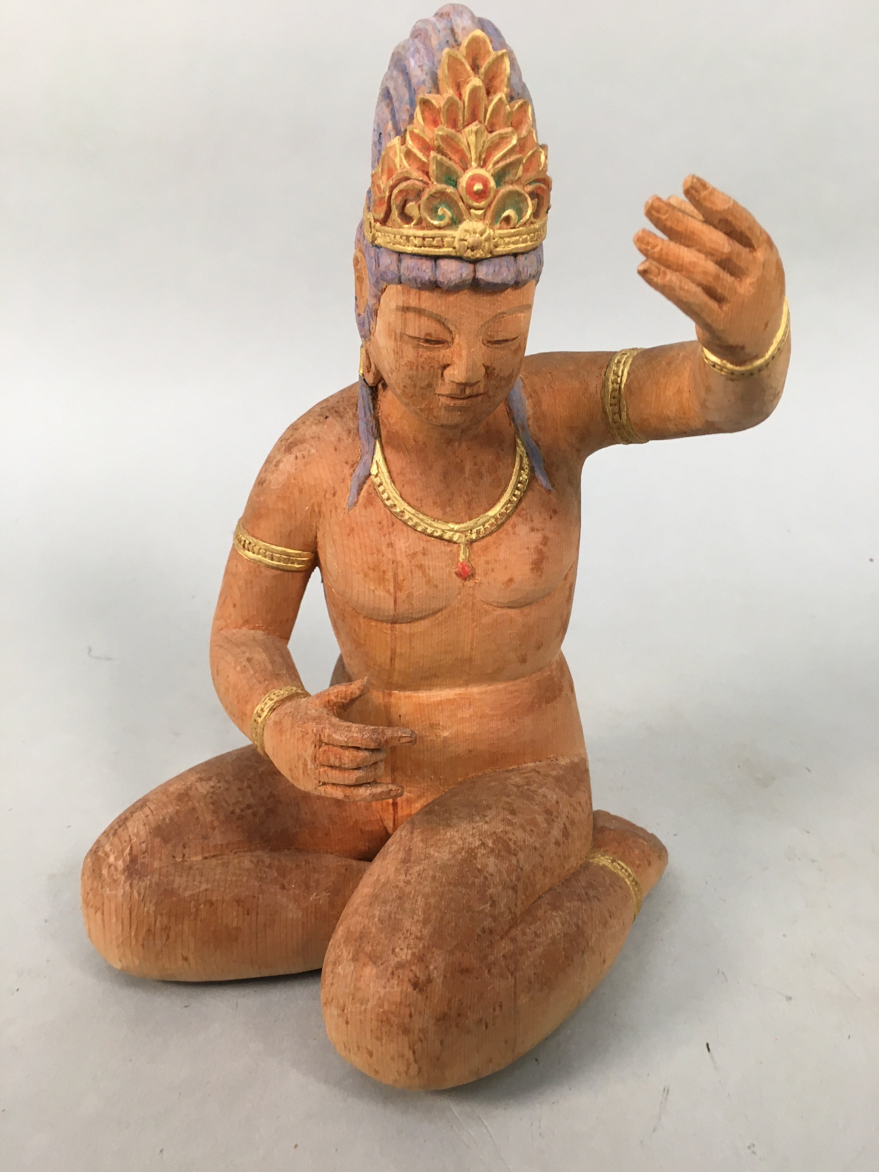 Japanese Wooden Statue Hindu Goddes Vtg Saraswati Benzaiten Lucky God BD600
