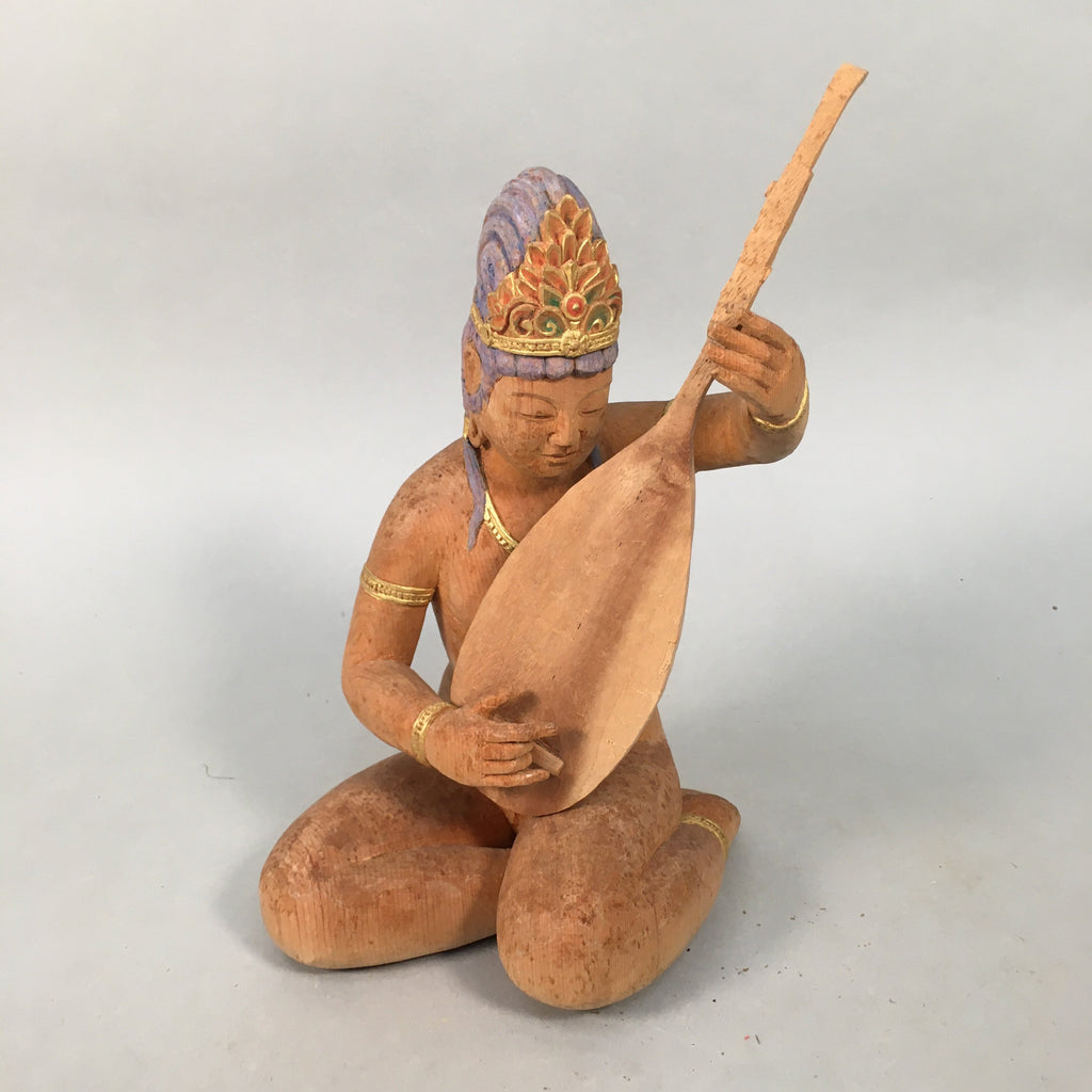 Japanese Wooden Statue Hindu Goddes Vtg Saraswati Benzaiten Lucky God BD600