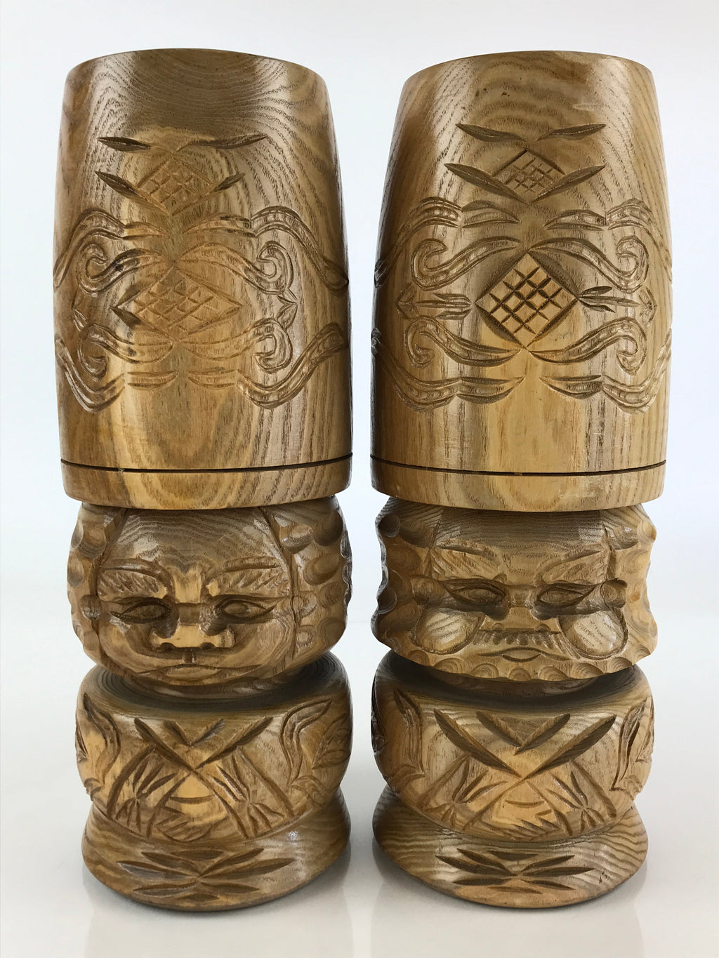 Japanese Wooden Statue Hokkaido Ainu Nipopo 2pc Set Vtg Okimono Brown AB101