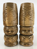 Japanese Wooden Statue Hokkaido Ainu Nipopo 2pc Set Vtg Okimono Brown AB101