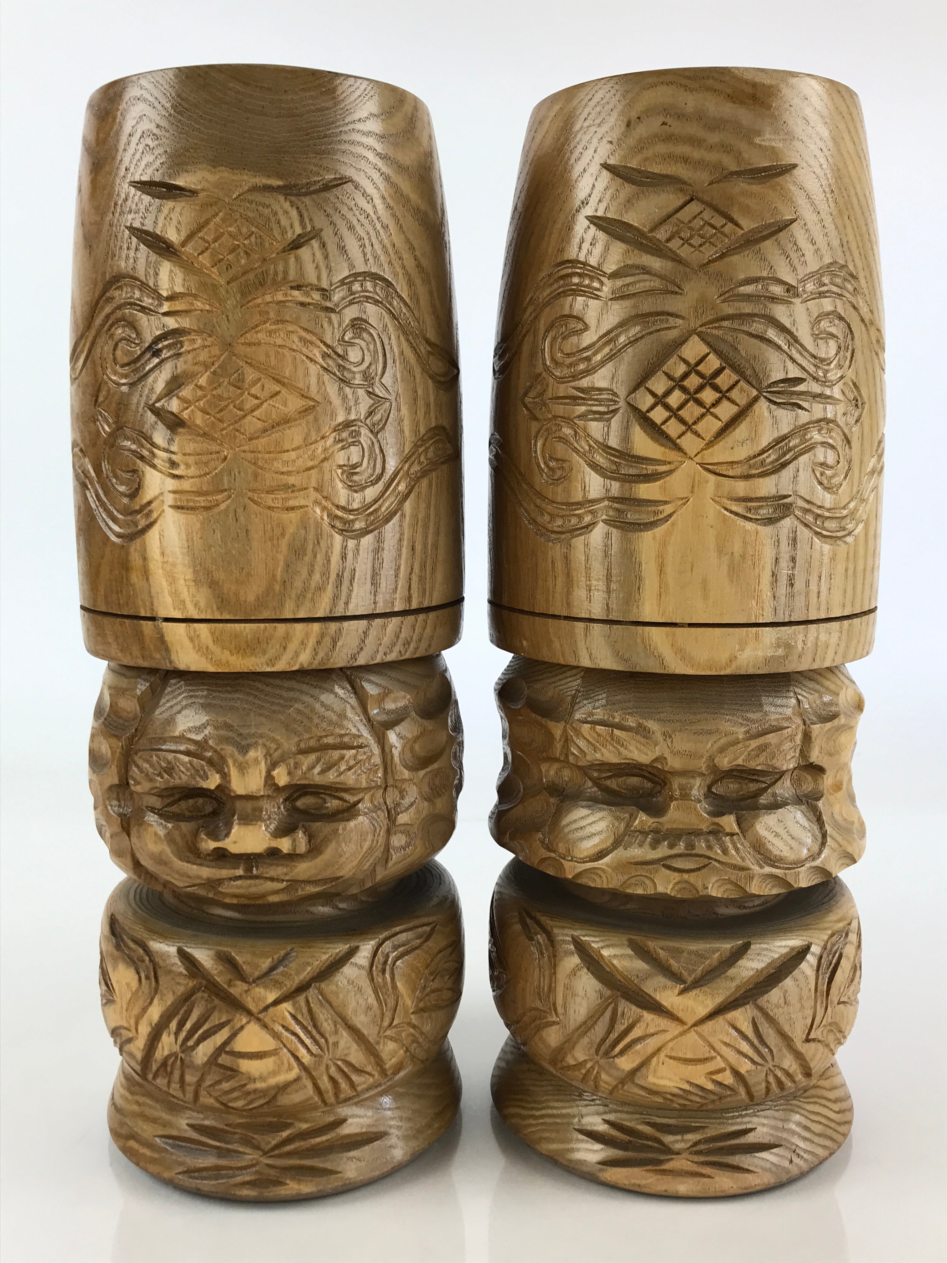 Japanese Wooden Statue Hokkaido Ainu Nipopo 2pc Set Vtg Okimono Brown AB101