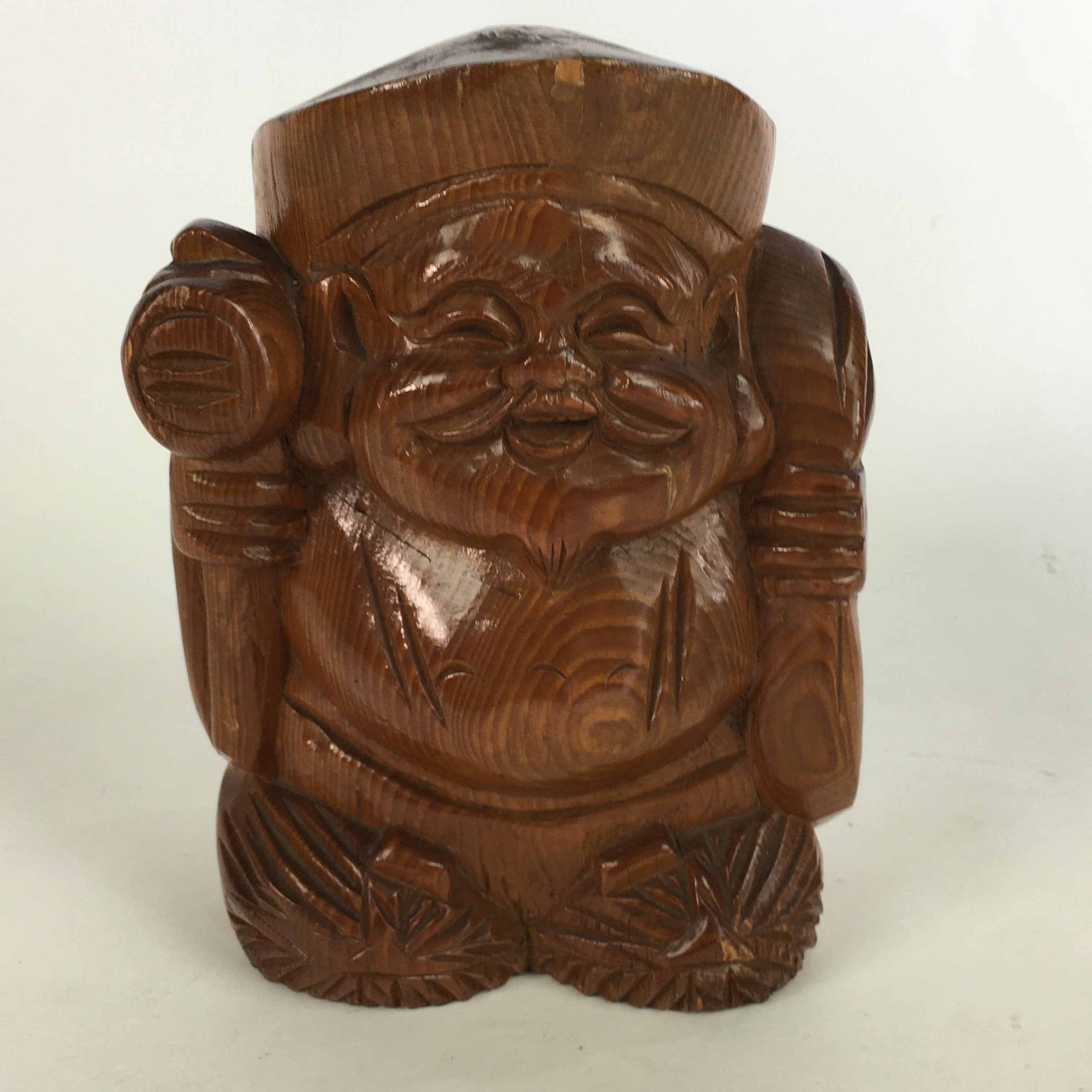 Japanese Wooden Statue Vtg 7 Lucky Gods Daikokuten Wood Carving Brown BD681