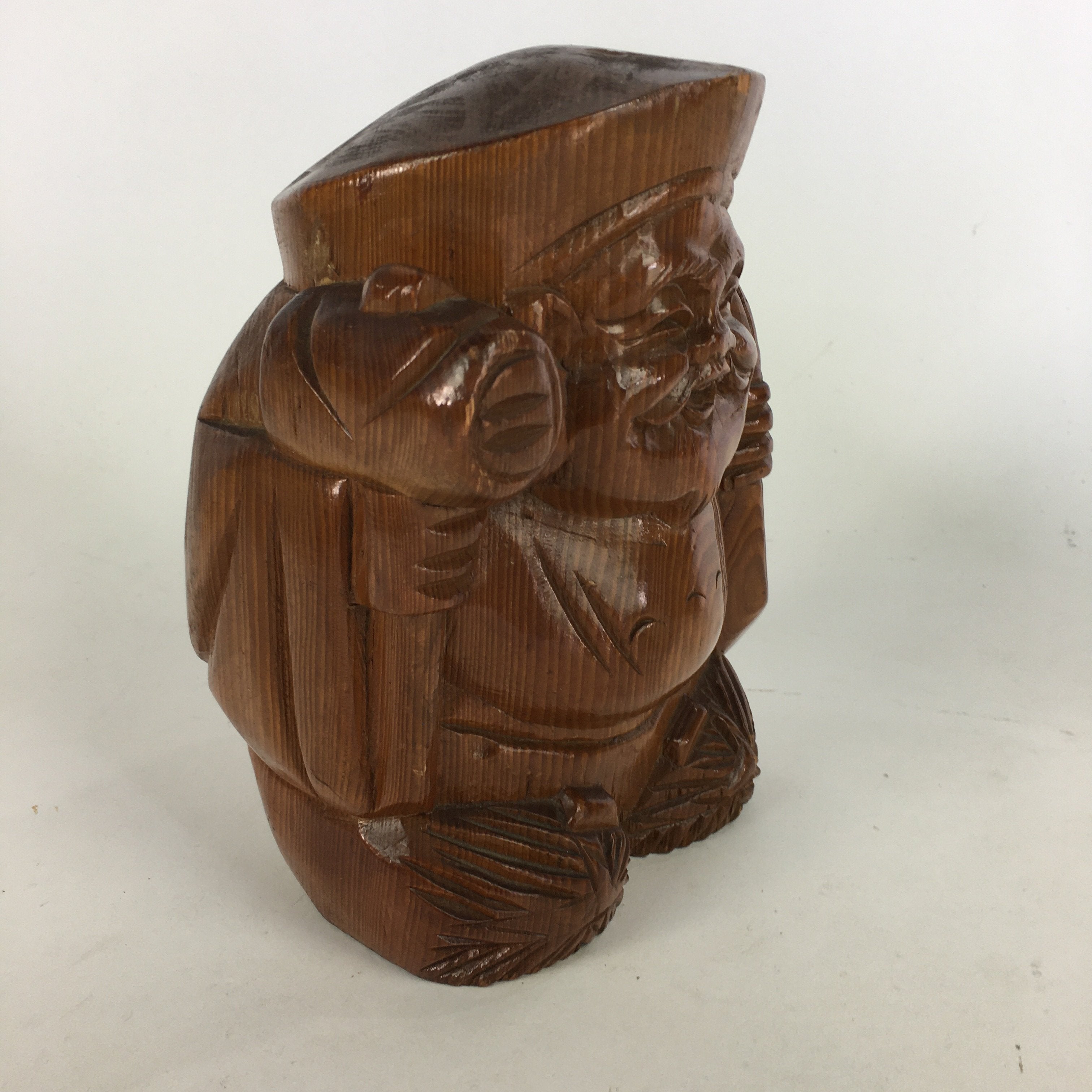 Japanese Wooden Statue Vtg 7 Lucky Gods Daikokuten Wood Carving Brown BD681
