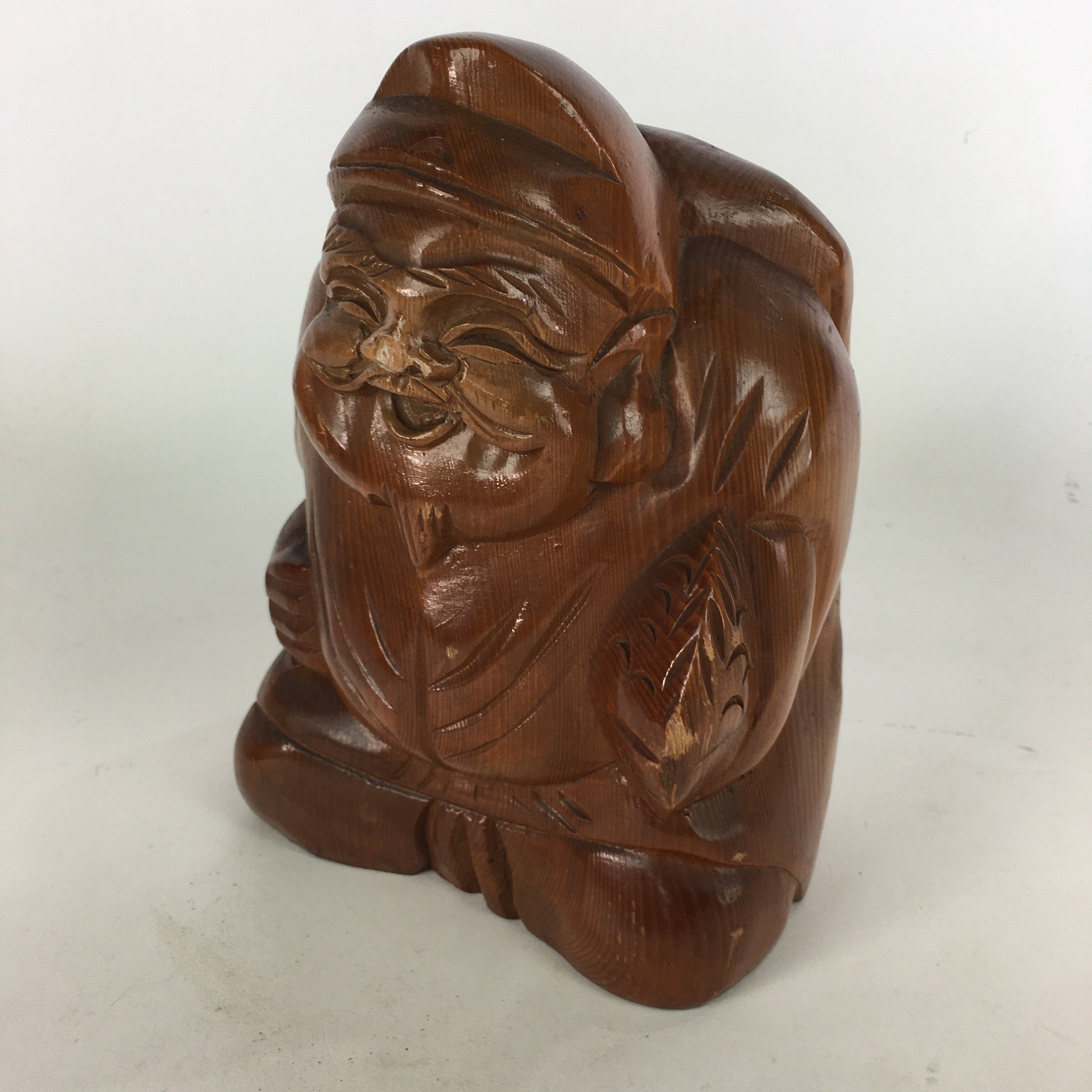 Japanese Wooden Statue Vtg 7 Lucky Gods Ebisu Wood Carving Brown BD682