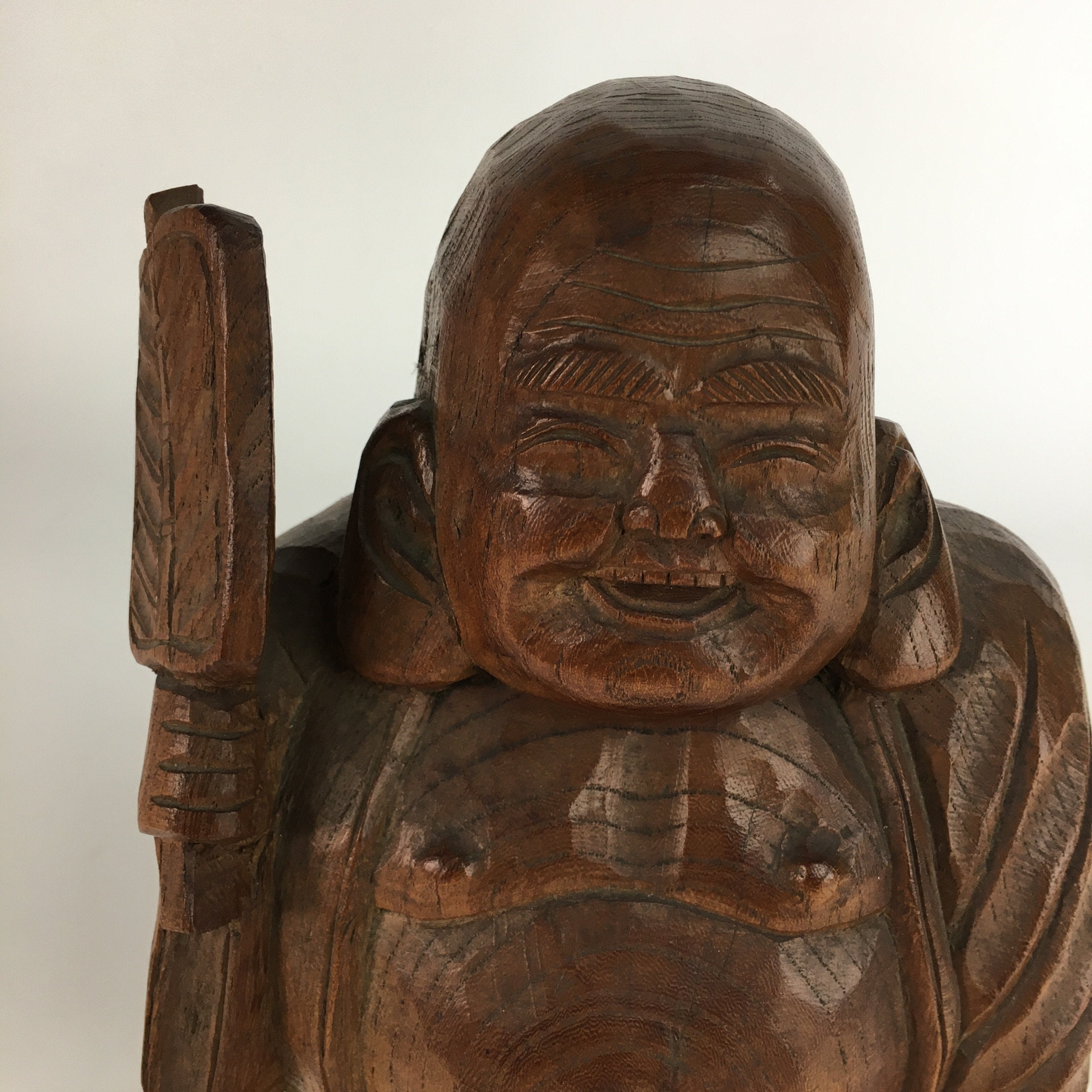Japanese Wooden Statue Vtg 7 Lucky Gods Hotei Wood Carving Brown BD646