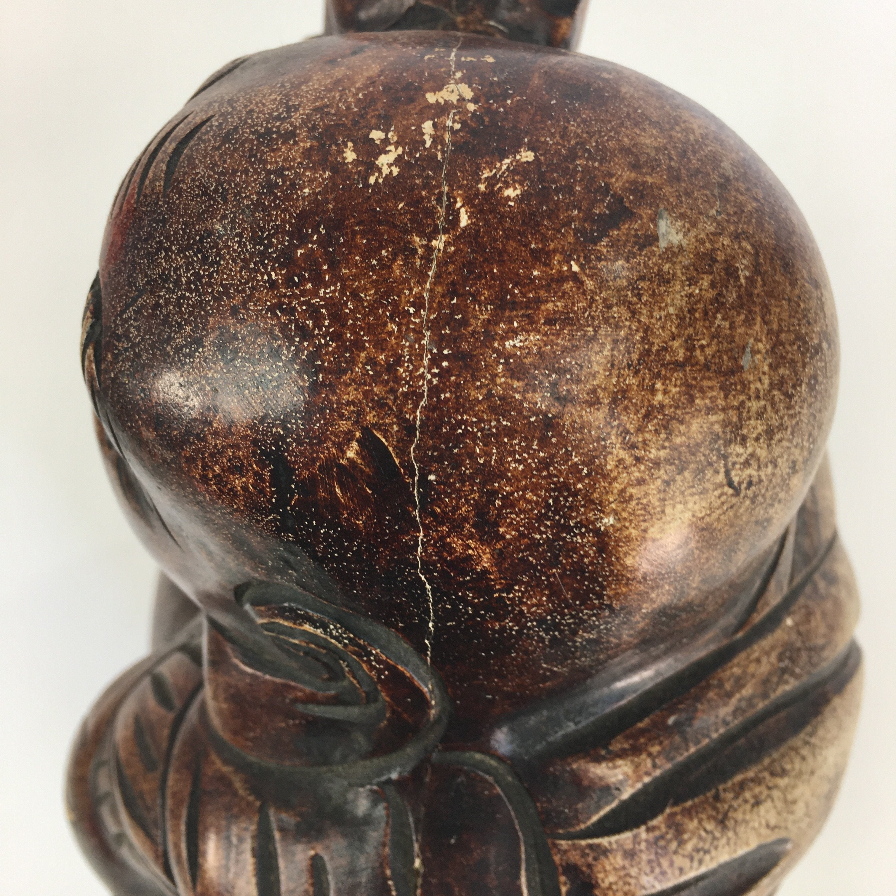 Japanese Wooden Statue Vtg 7 Lucky Gods Hotei Wood Plaster Brown BD685