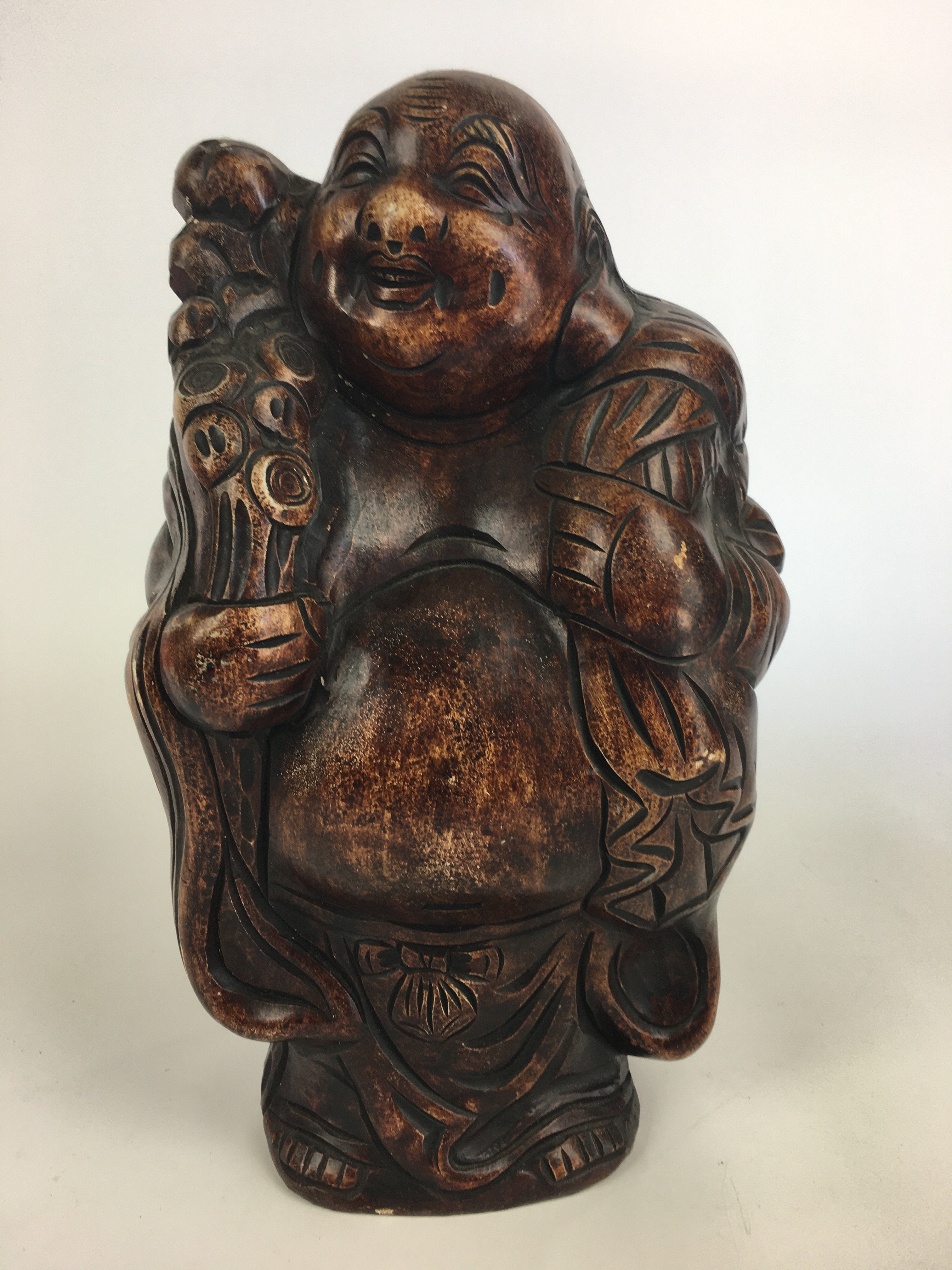Japanese Wooden Statue Vtg 7 Lucky Gods Hotei Wood Plaster Brown BD685