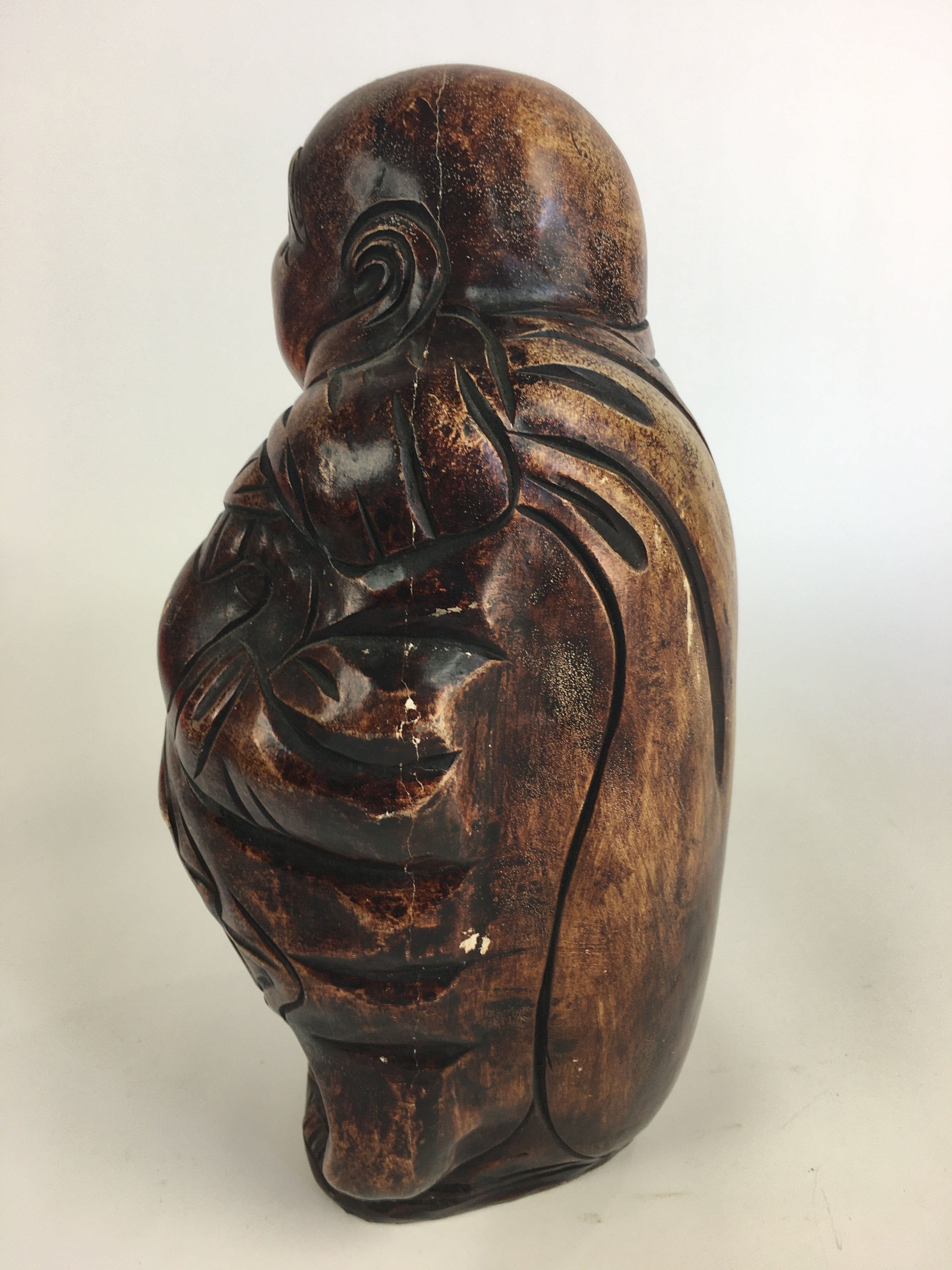 Japanese Wooden Statue Vtg 7 Lucky Gods Hotei Wood Plaster Brown BD685