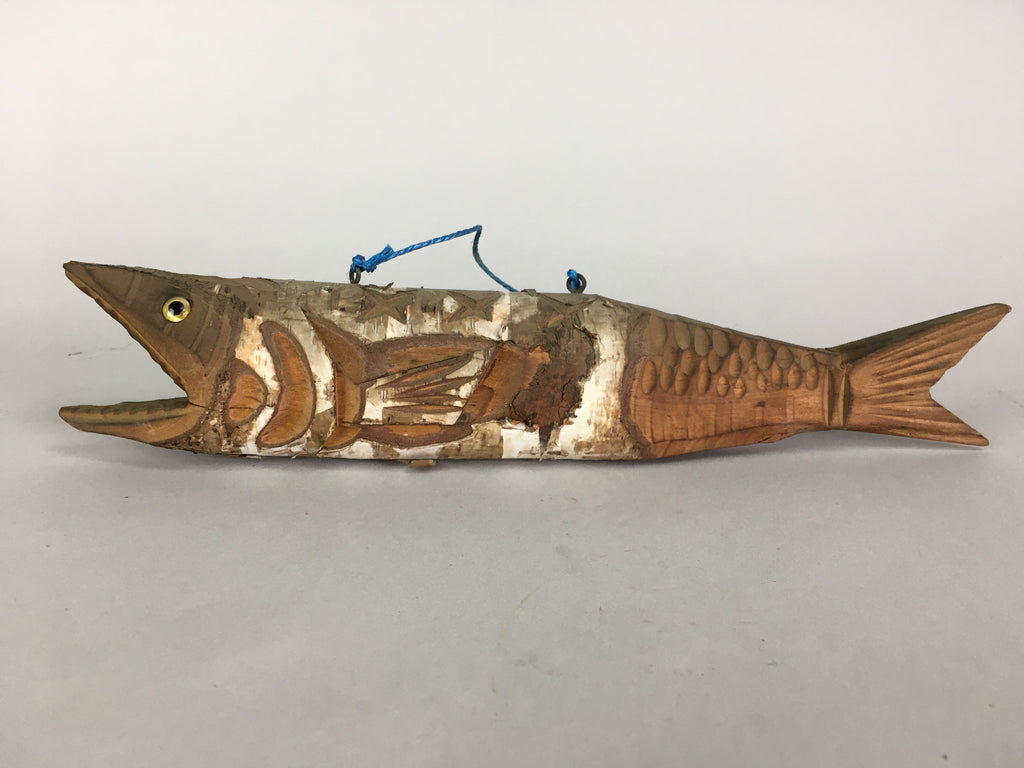 Japanese Wooden Statue Vtg Fish Wood Carving Hanging Decoration Brown BD625