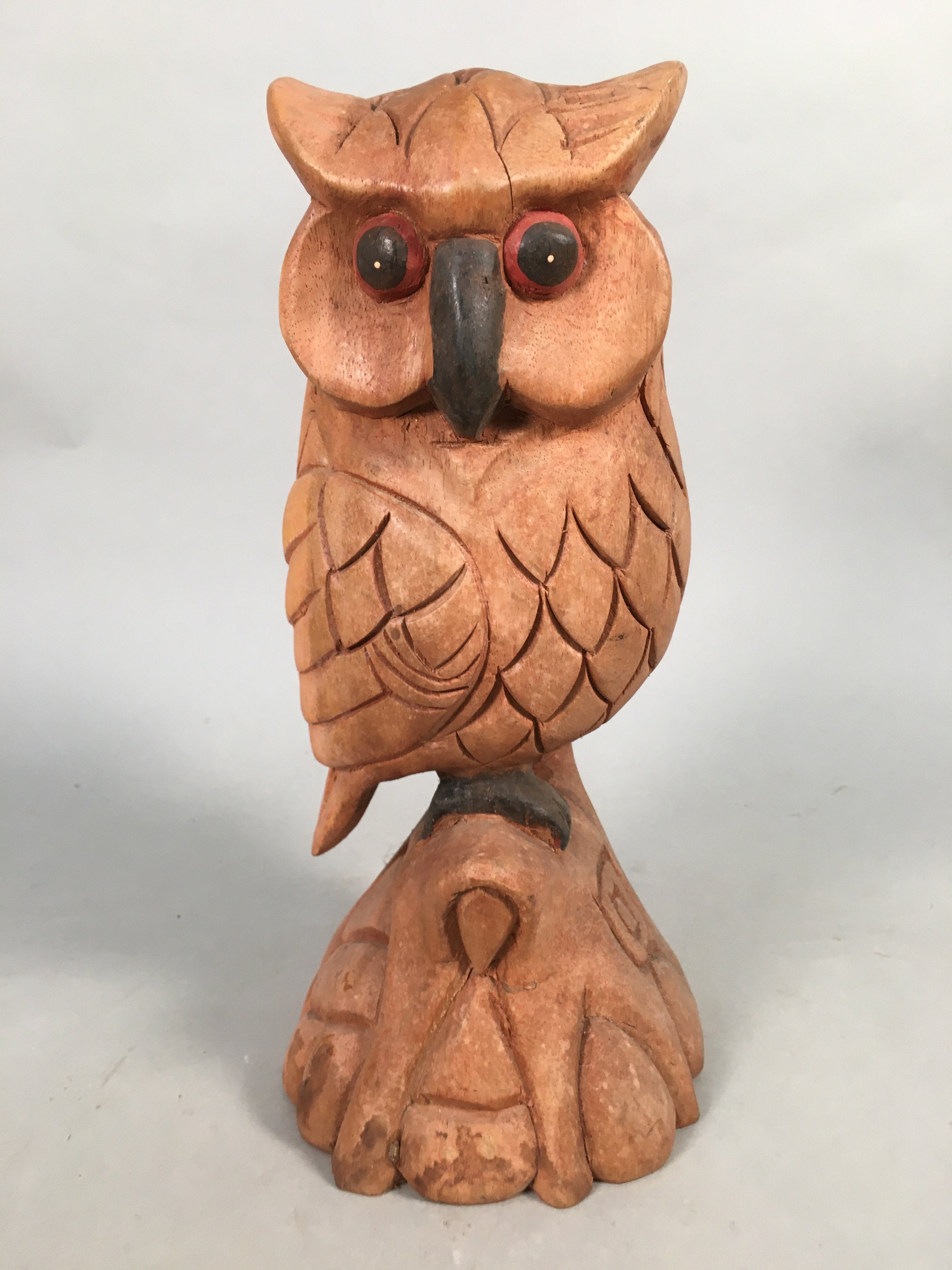 Japanese Wooden Statue Vtg Lucky Charm Owl Bird Brown BD571