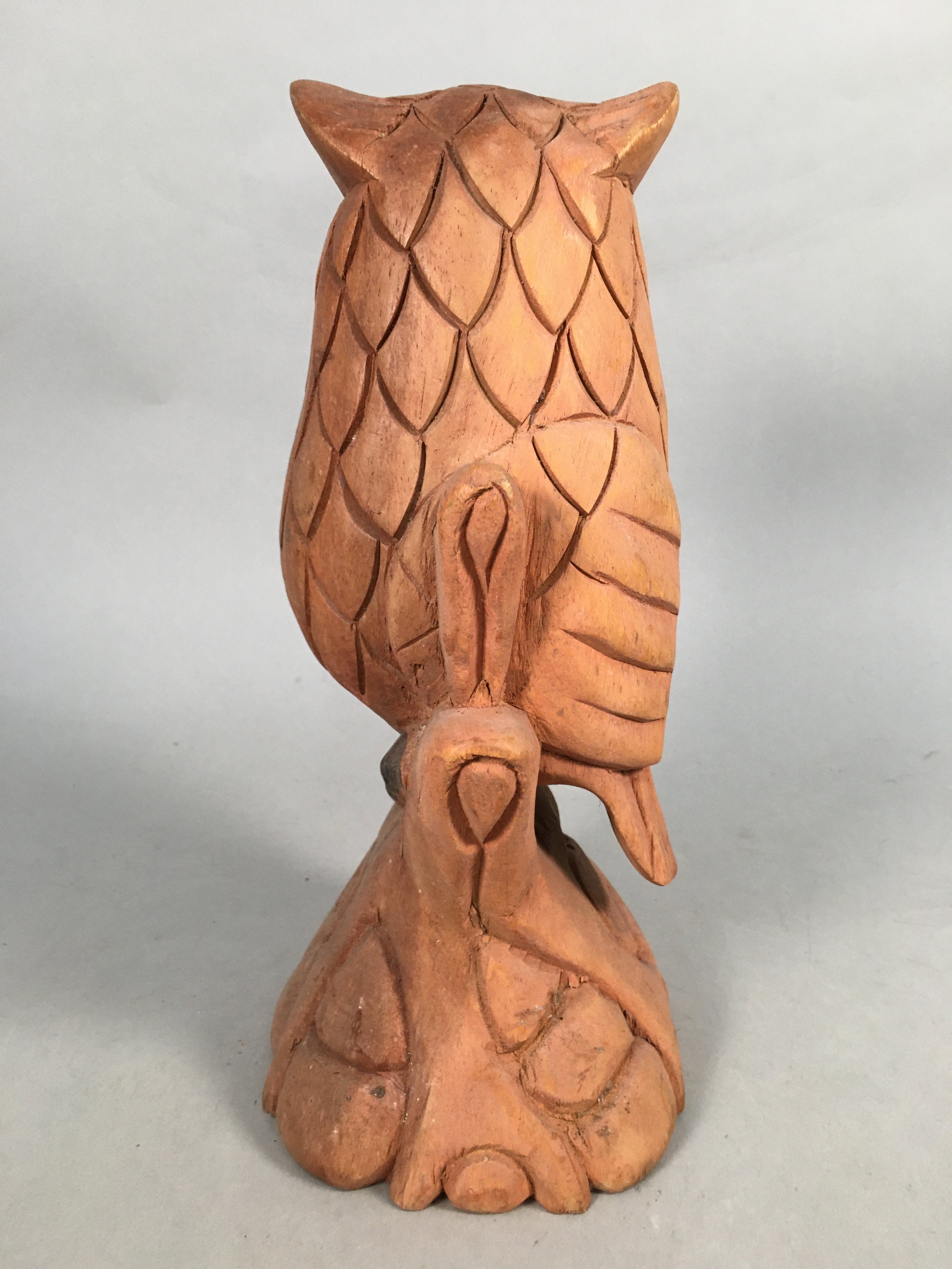 Japanese Wooden Statue Vtg Lucky Charm Owl Bird Brown BD571