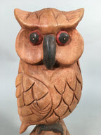 Japanese Wooden Statue Vtg Lucky Charm Owl Bird Brown BD571