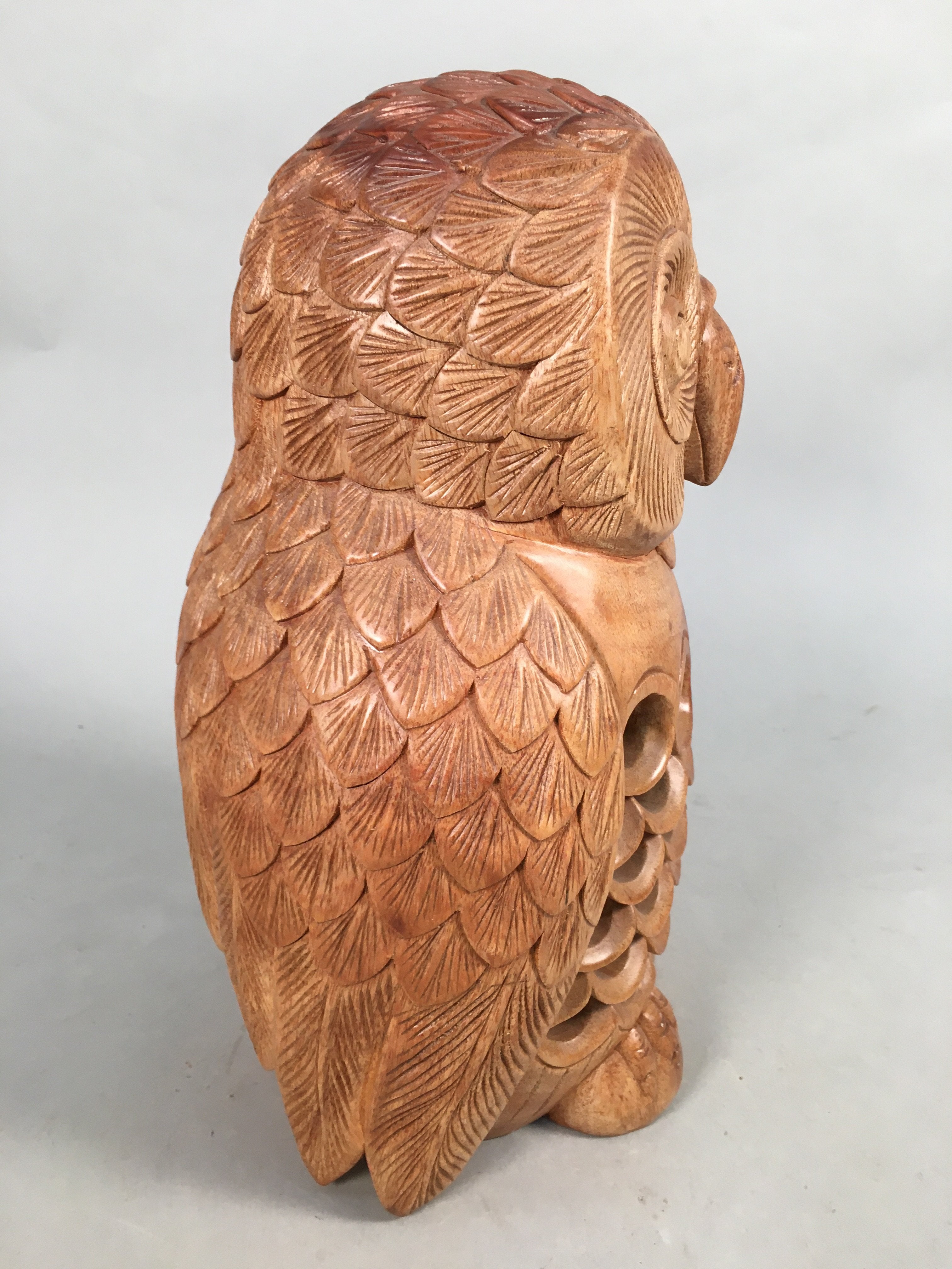 Japanese Wooden Statue Vtg Lucky Charm Owl Bird Brown BD572