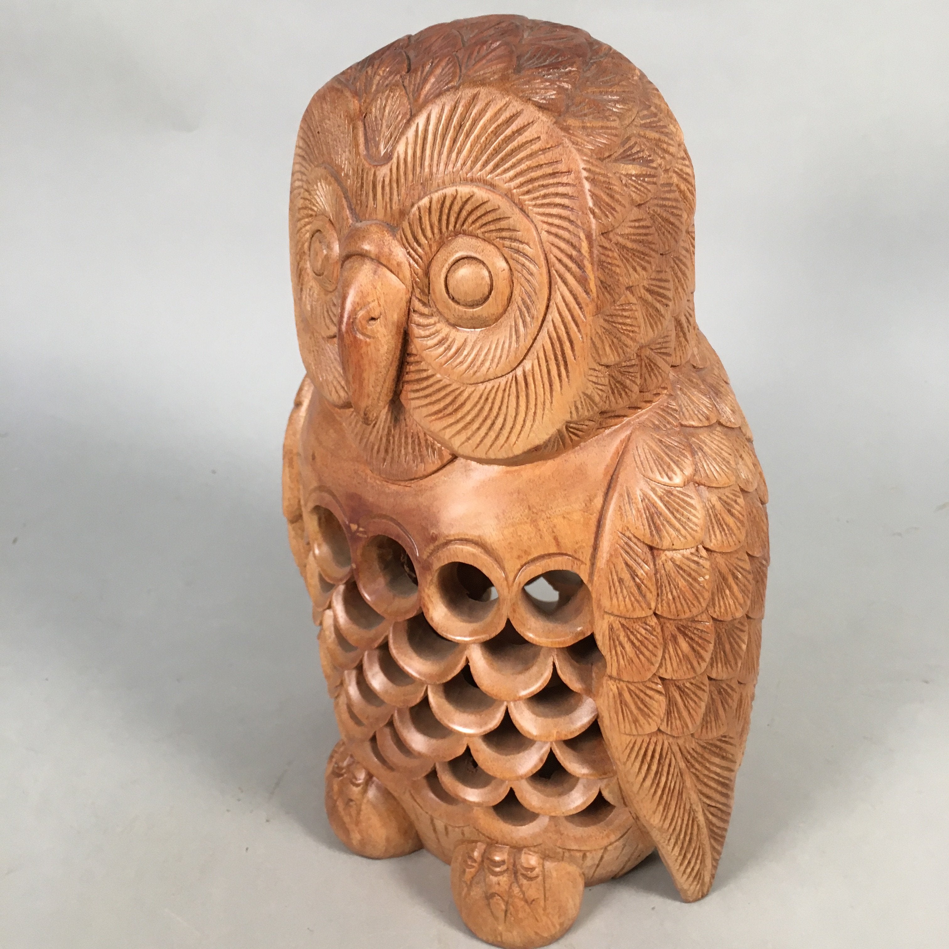 Japanese Wooden Statue Vtg Lucky Charm Owl Bird Brown BD572
