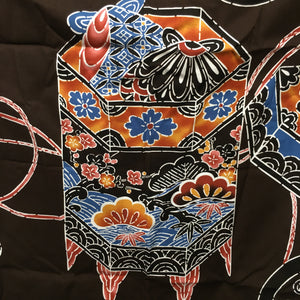 Japanese Wrap Cloth Furoshiki Fabric Cotton Brown Blue Orange Flower Motif FU131
