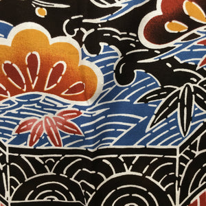 Japanese Wrap Cloth Furoshiki Fabric Cotton Brown Blue Orange Flower Motif FU131