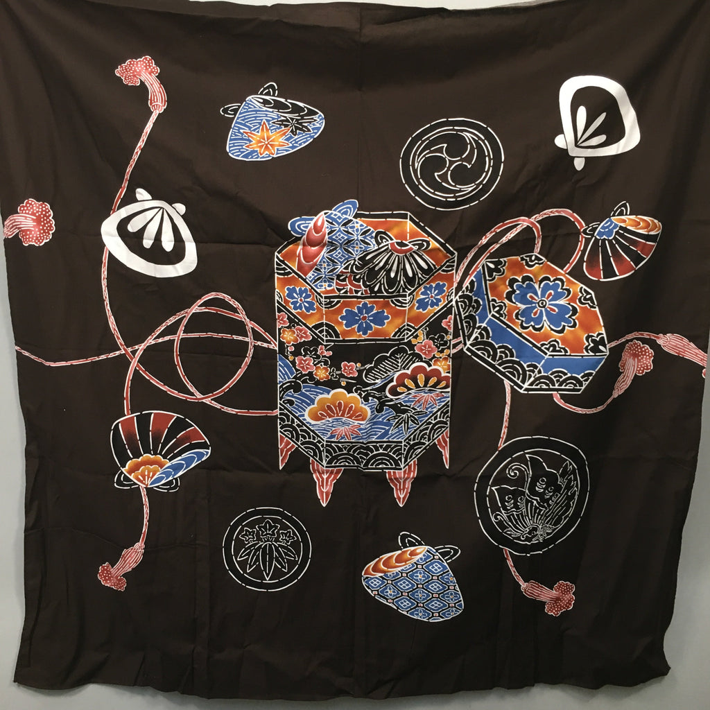 Japanese Wrap Cloth Furoshiki Fabric Cotton Brown Blue Orange Flower Motif FU131