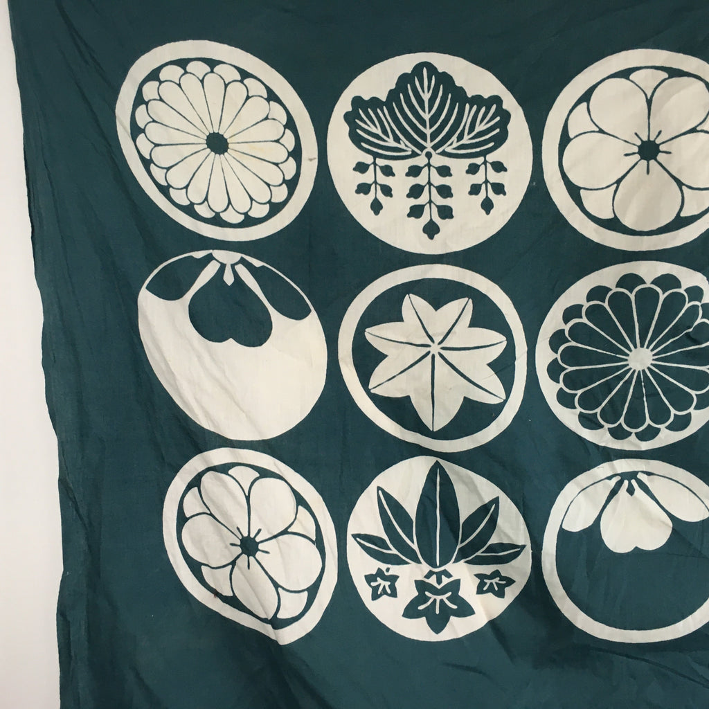 Japanese Wrap Cloth Furoshiki Vtg Fabric Cotton Green Family Crests FU199