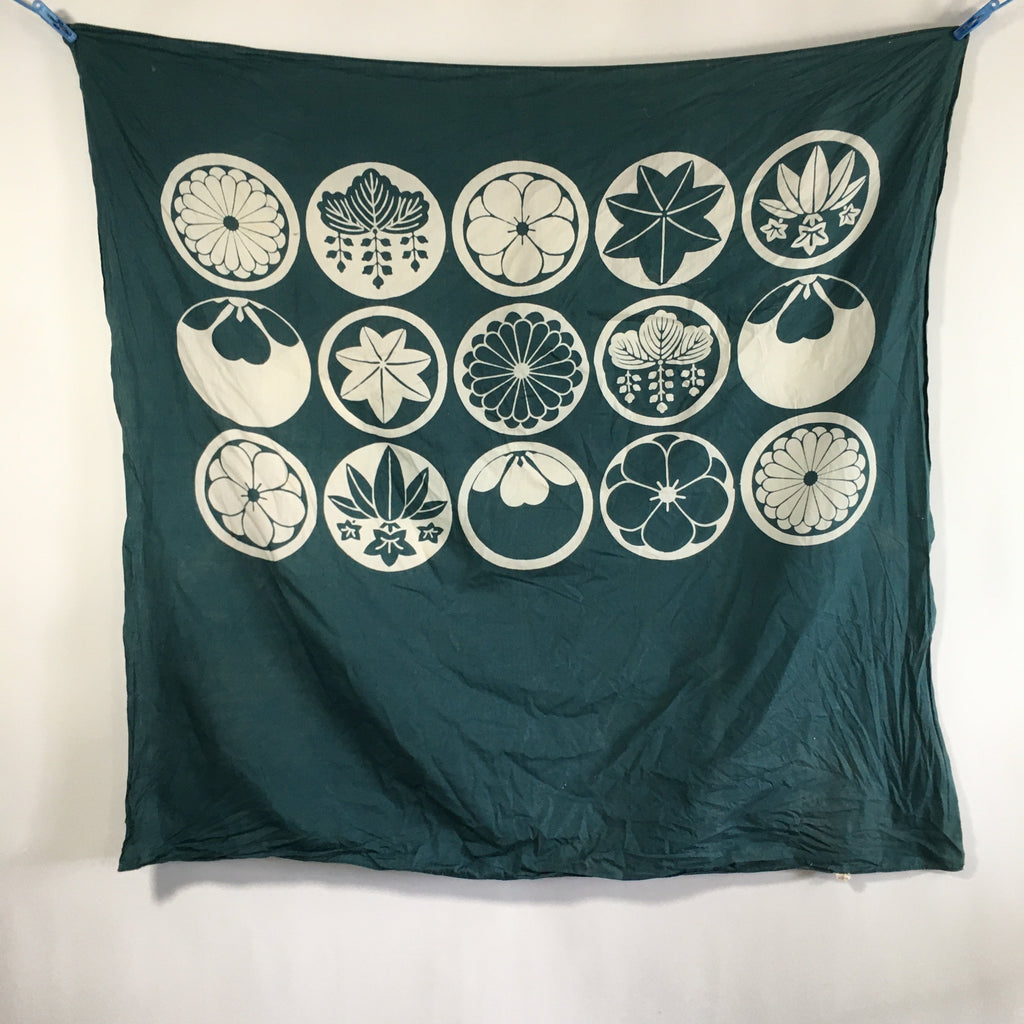Japanese Wrap Cloth Furoshiki Vtg Fabric Cotton Green Family Crests FU199