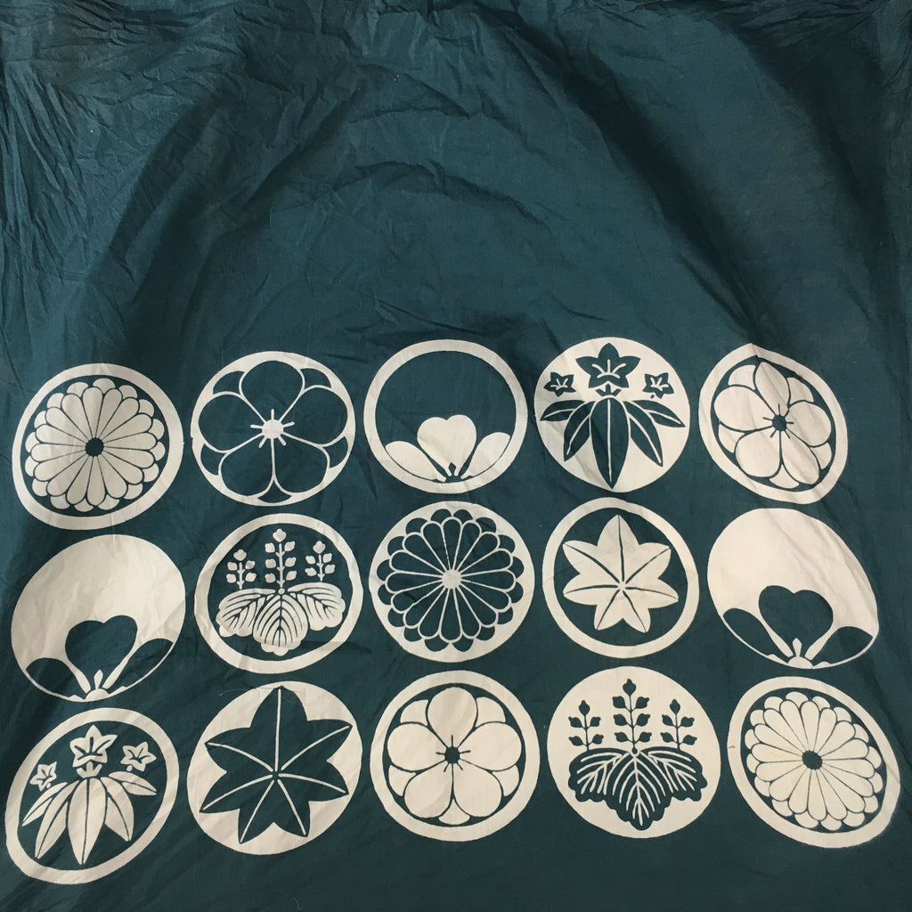 Japanese Wrap Cloth Furoshiki Vtg Fabric Cotton Green Family Crests FU199