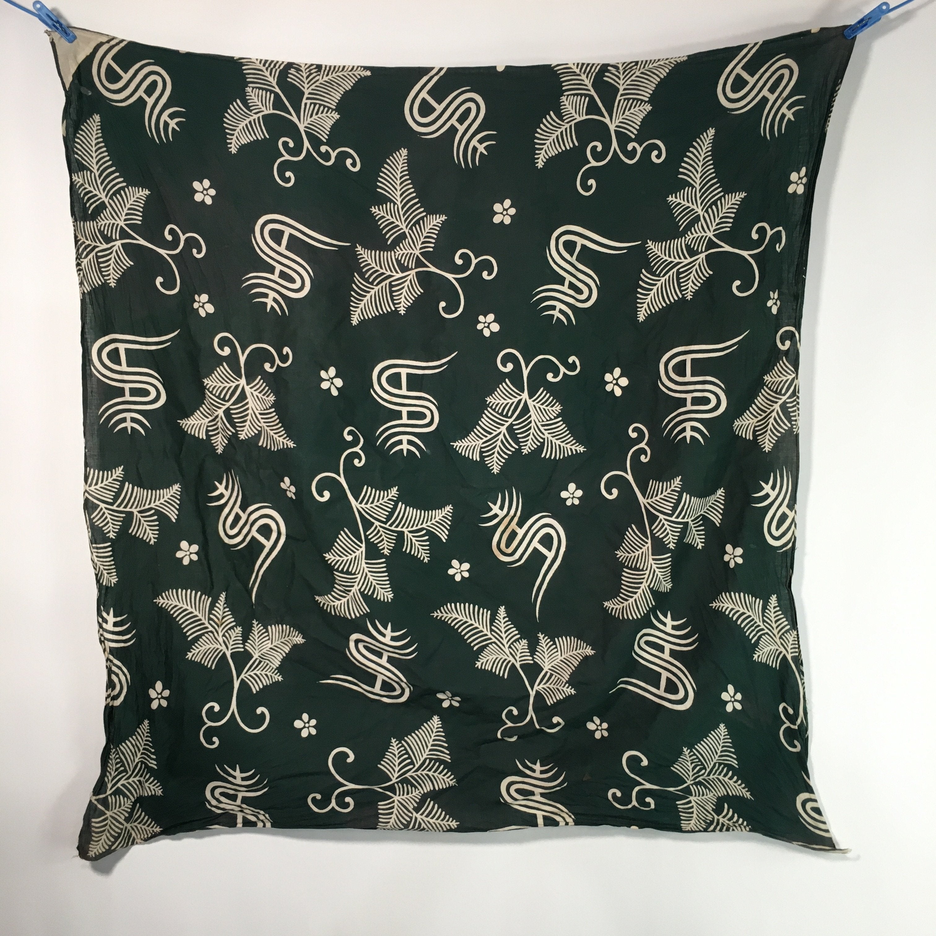 Japanese Wrap Cloth Furoshiki Vtg Fabric Cotton Green Fern Plant Leaves FU195