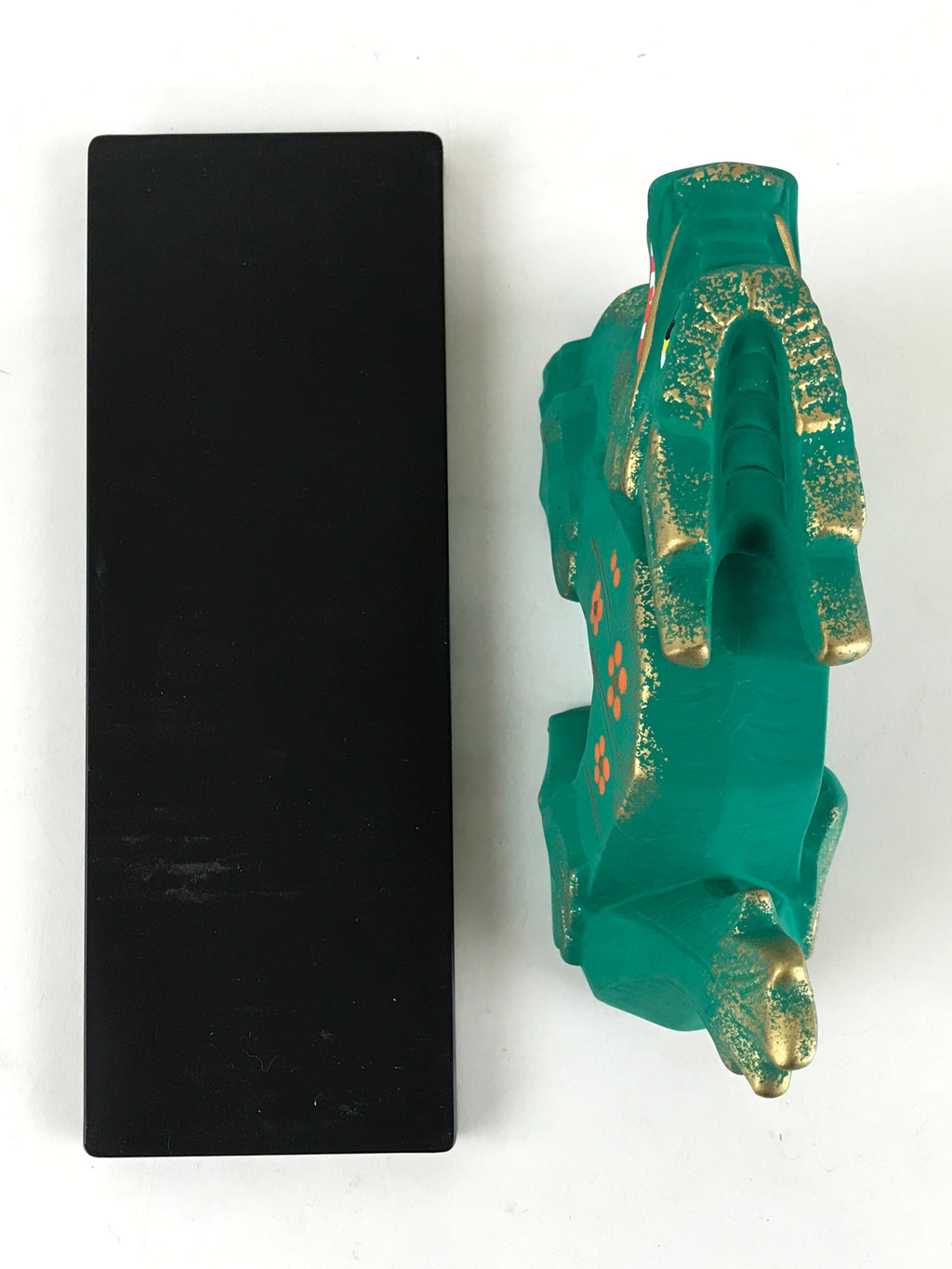 Japanese Zodiac Dragon Statue Vtg Lucky Charm White Plaster Figurine Green PX675