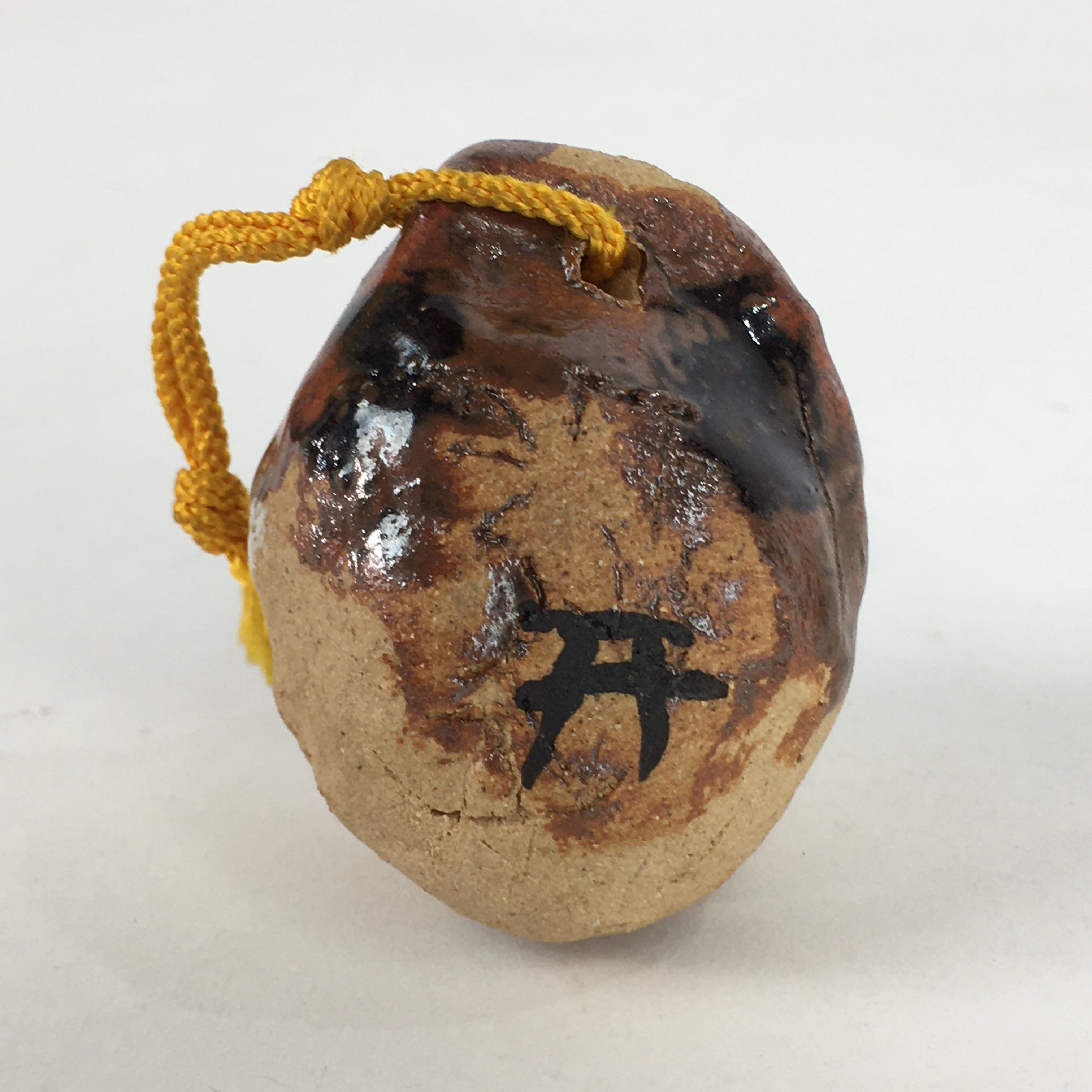 Japanese Clay Bell Vtg Dorei Ceramic Doll Amulet Brown Blue Glaze DR385