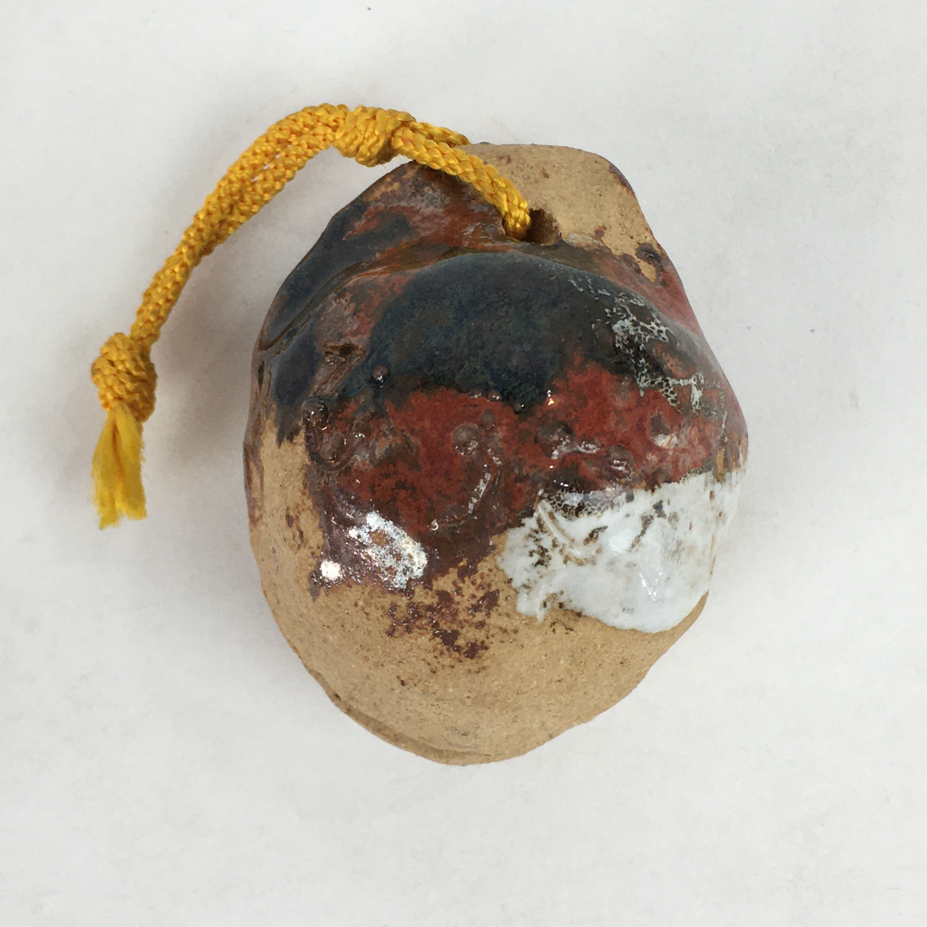 Japanese Clay Bell Vtg Dorei Ceramic Doll Amulet Brown Blue Glaze DR385